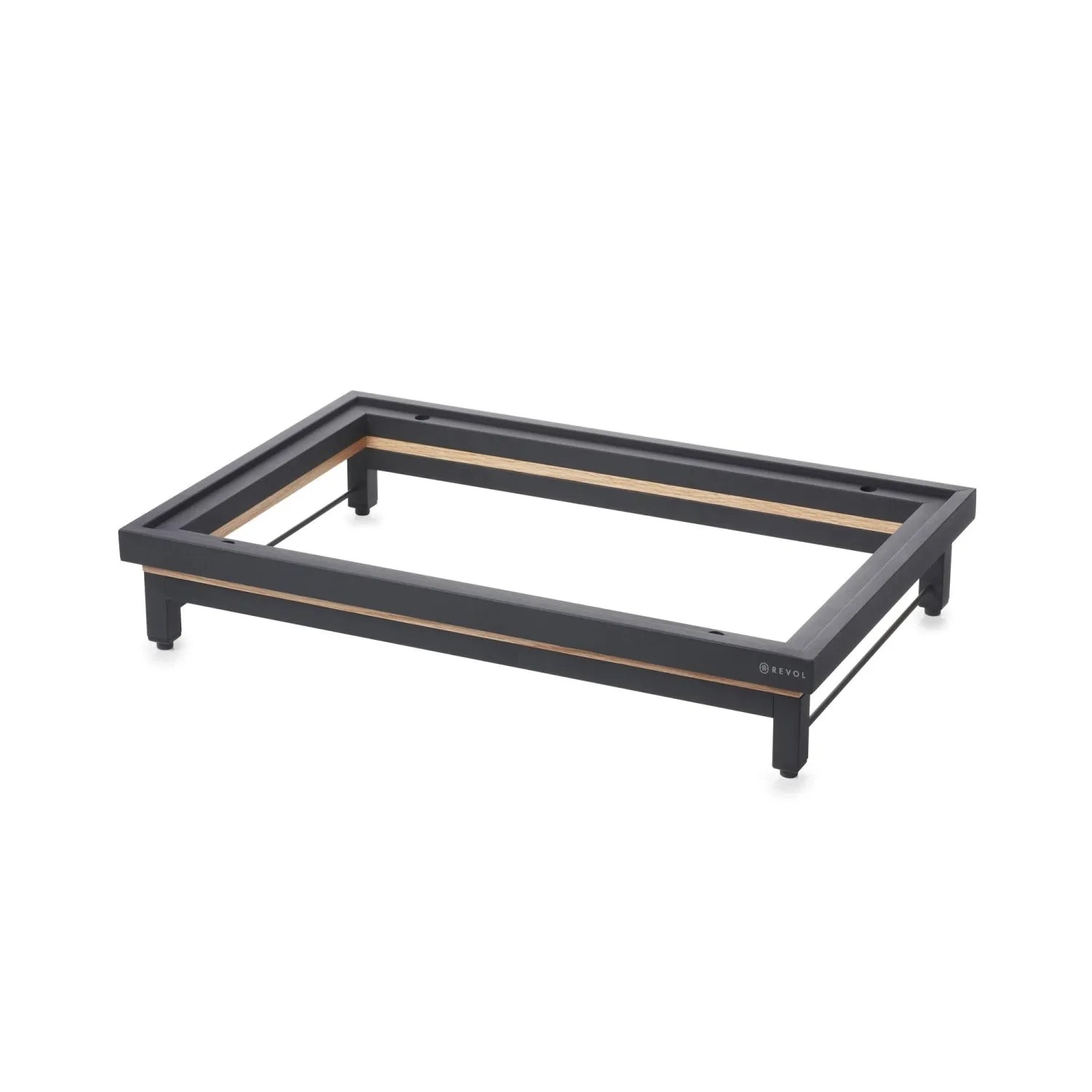 Eleganter En Scene Presenter von Revol: Matt Schwarz Metall, Eichenrahmen, ideal für Buffets und Caterings. Stilvoll und langlebig.