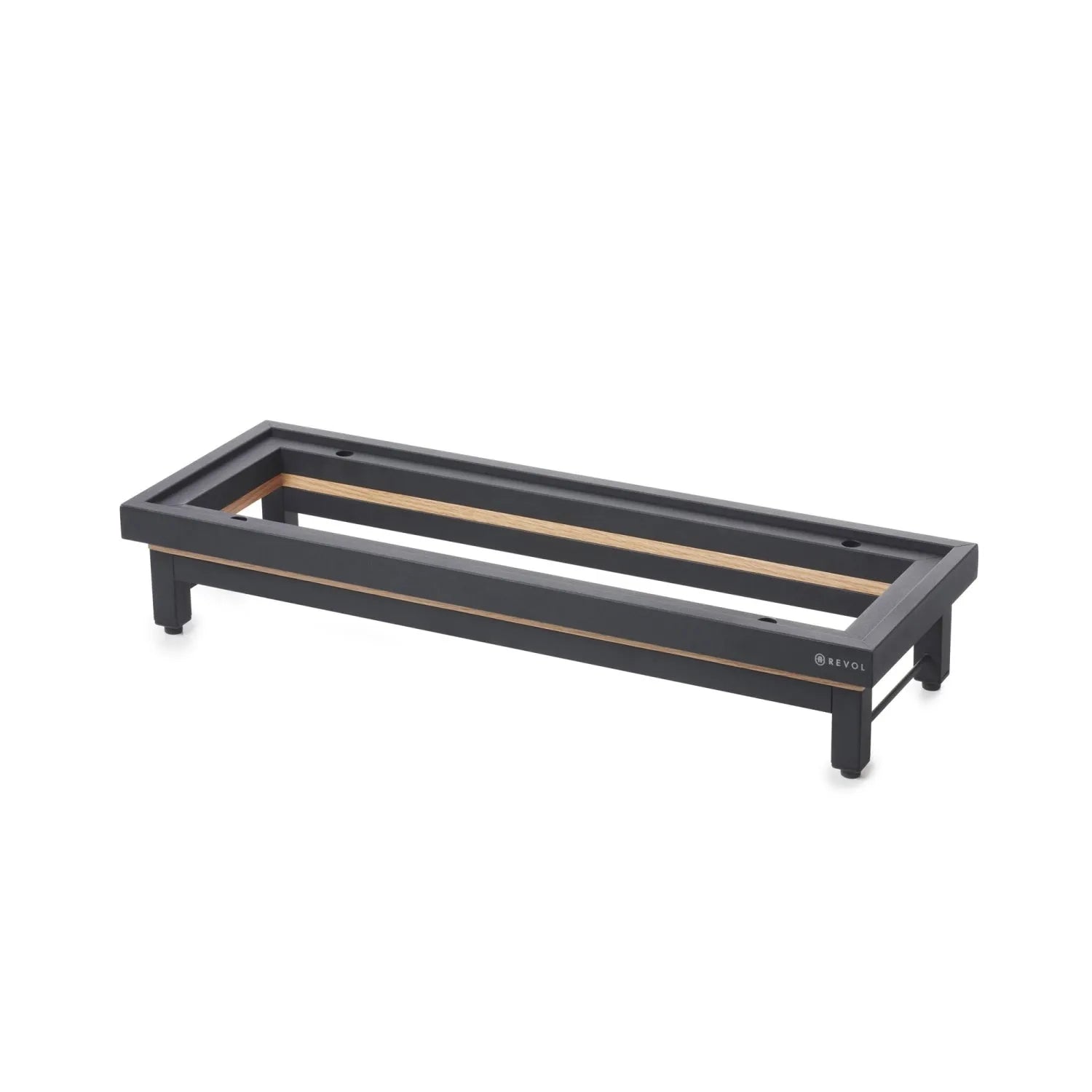 Eleganter GN 2/4 Presenter aus matt schwarzem Metall mit Eichenrahmen von Revol – stilvoll und funktional.