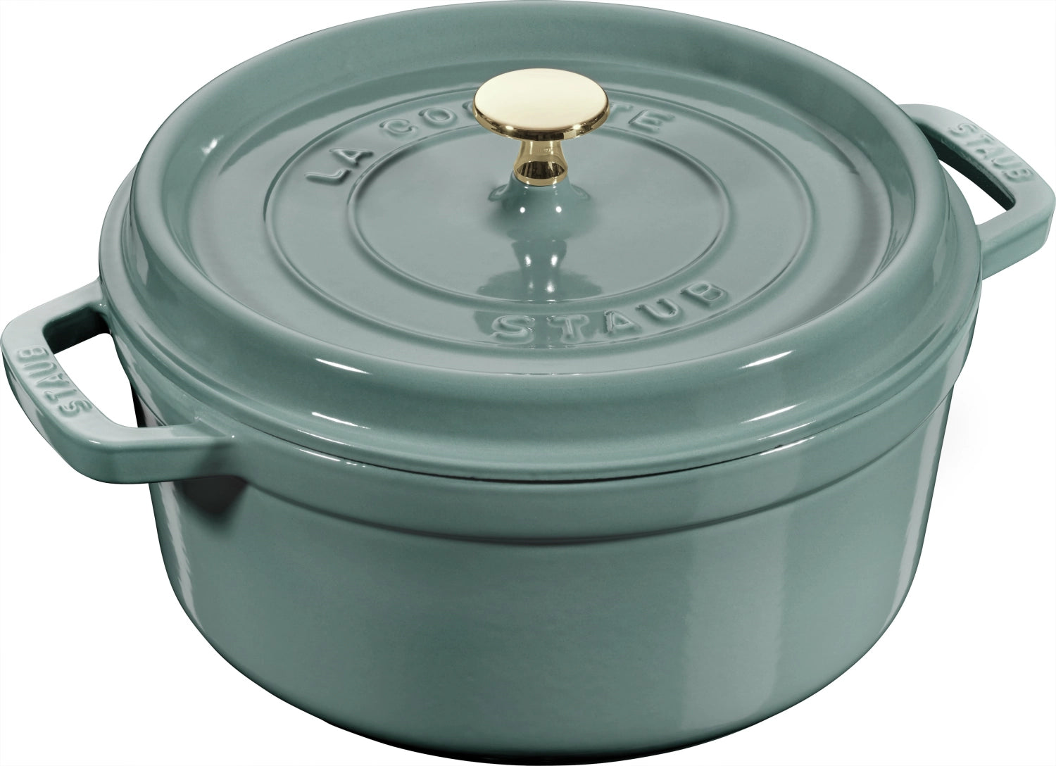 Runde Cocotte mit 2,6 Litern Fassungsvermögen von Staub, gefertigt aus Gusseisen, perfekt für schonendes Garen und stilvolles Servieren.