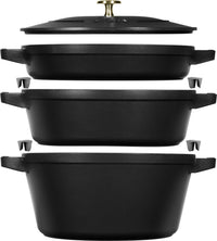 Cocotte 4 pezzi. 24 cm, rotondo, nero, impilabile