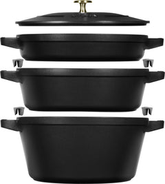 Cocotte 4 pezzi. 24 cm, rotondo, nero, impilabile