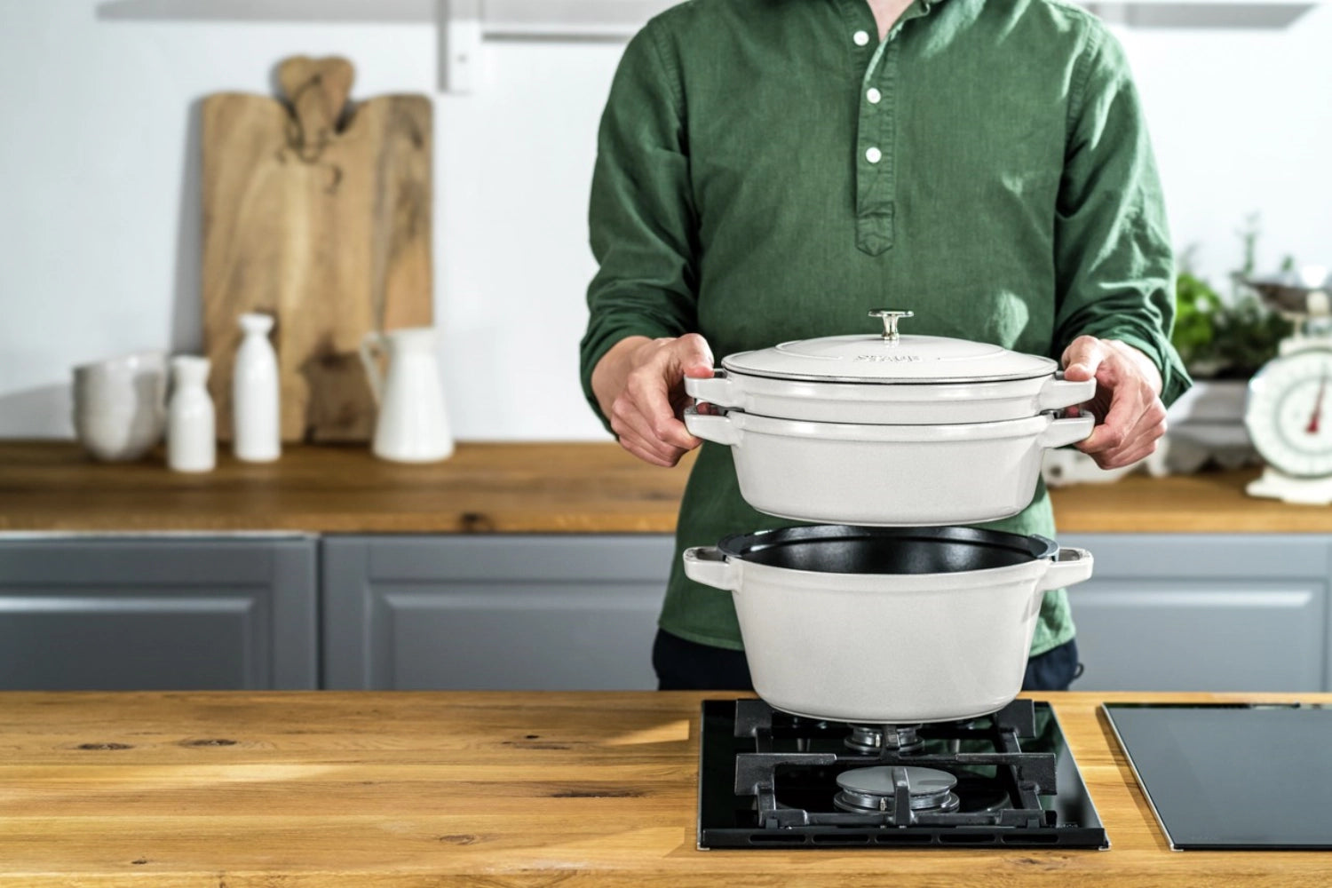 Cocotte set da 4 pezzi, 24 cm, rotondo, tartufo bianco, impilabile