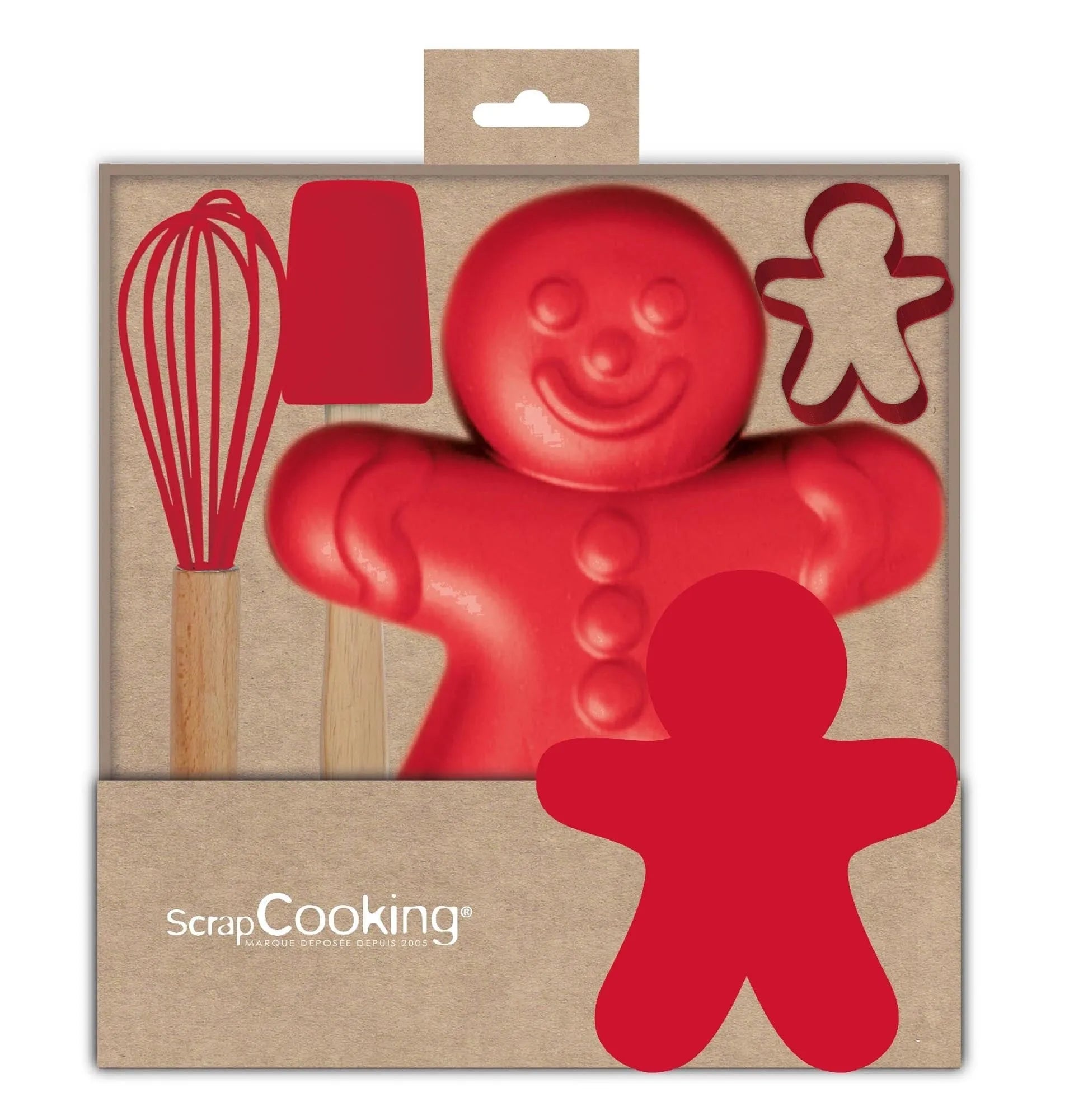 Entdecken Sie das 4-tlg. Kinder-Backset Gingerman von Scrap Cooking: Ausstechform, Backform, kindgerechtes Messer & Rezeptheft für kreative Backabenteuer!