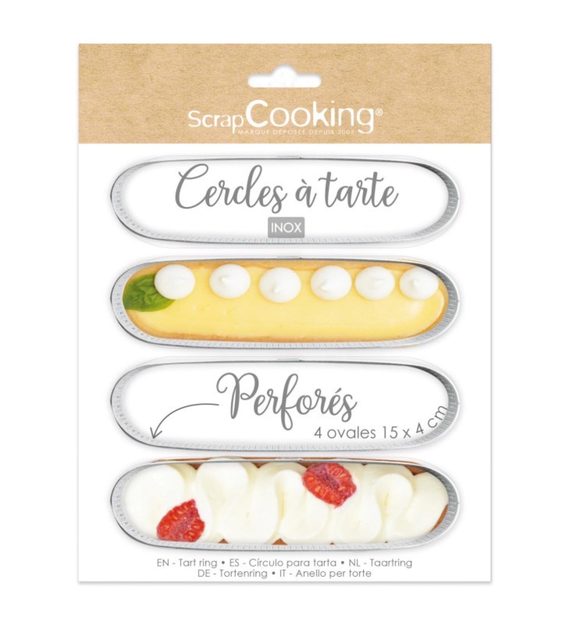 4er Set ovale Tortenringe 15x4cm, perforiert für gleichmäßiges Backen, aus langlebigem Edelstahl, ideal für kreative Backprojekte.