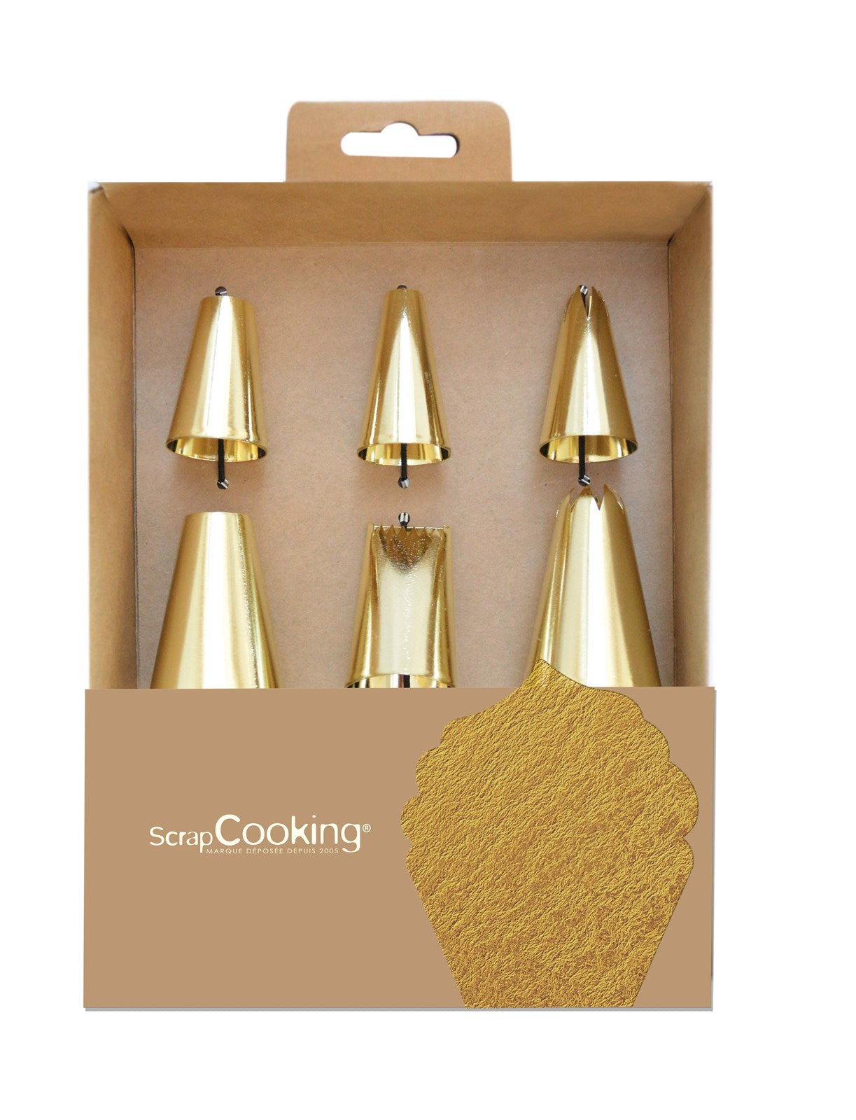 Elegantes 6er Set goldener Spritztüllen für perfekte Tortendekoration.