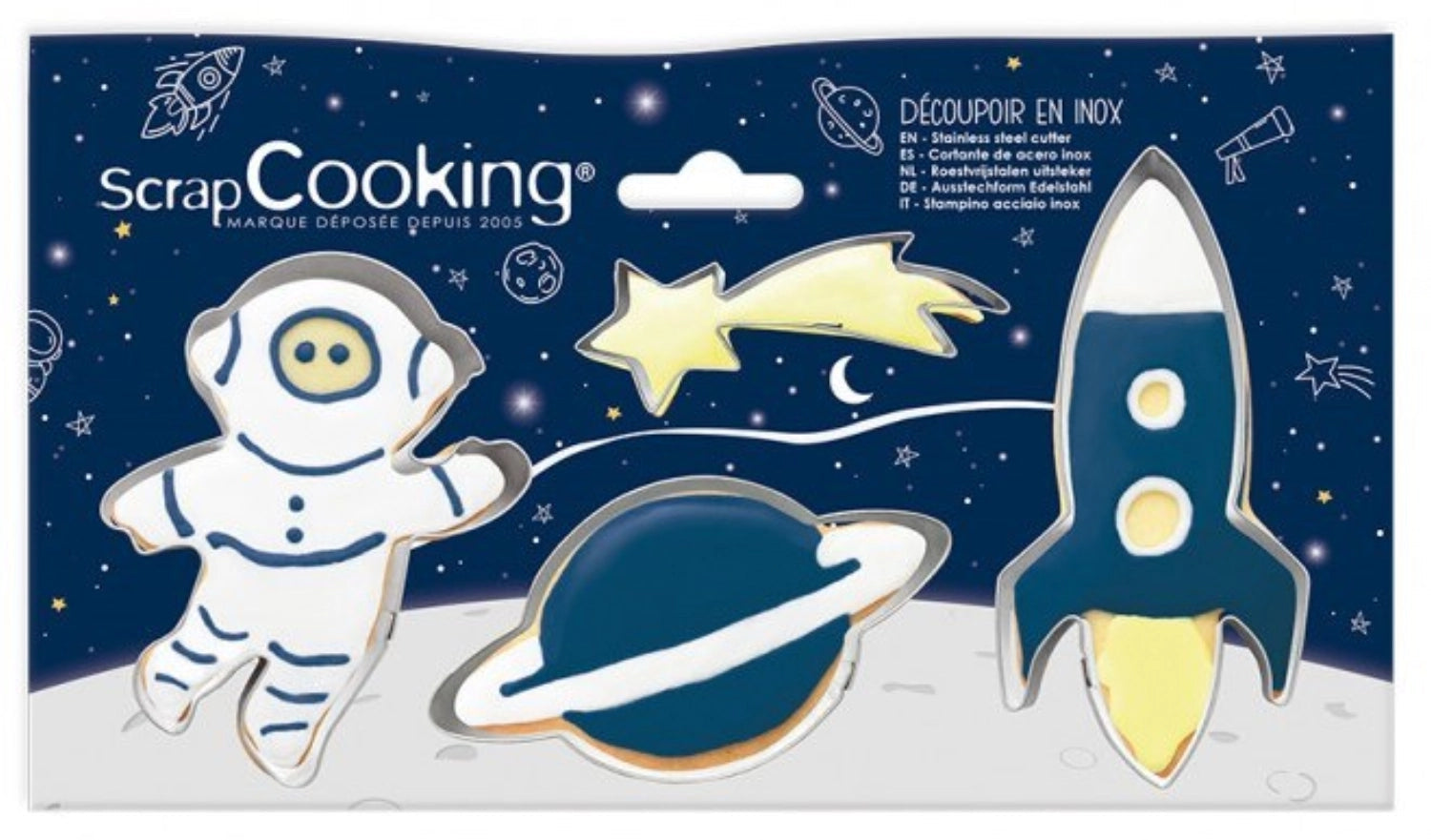 Entdecken Sie das 4-tlg. Space Ausstechformen-Set: Raketen, Sterne, Planeten & Astronauten aus langlebigem Edelstahl für kreative Backfreuden!