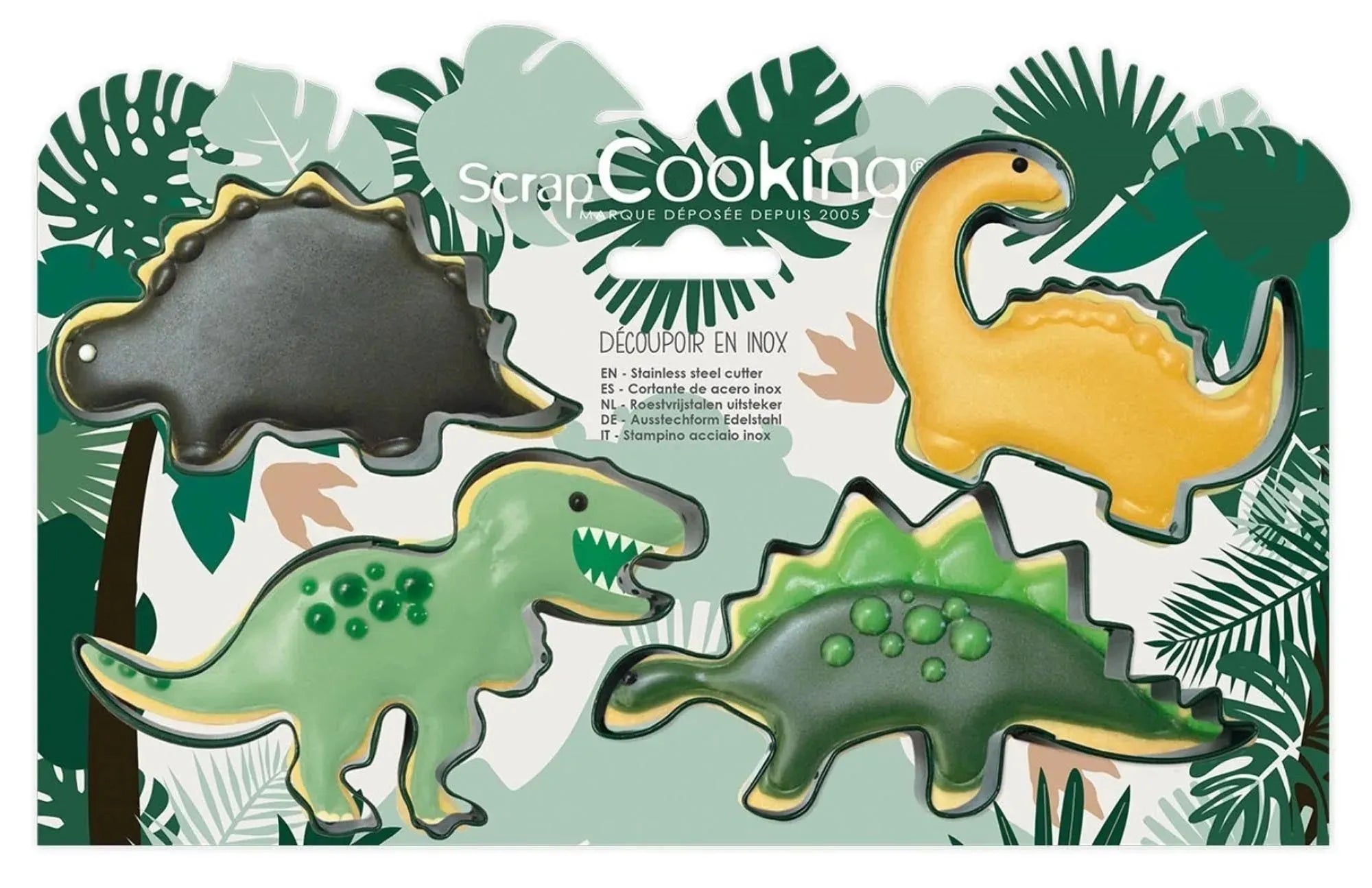 4-tlg. Dino-Ausstecher-Set: Perfekt für Kindergeburtstage, langlebig aus Edelstahl, 4 Dino-Formen für kreative Backideen.