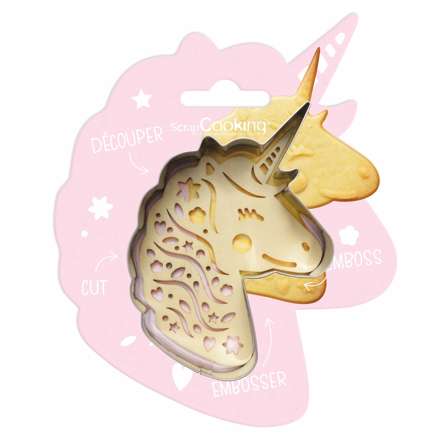 Kreative Ausstechform und Holzpräger im Einhorn-Design von Scrap Cooking, ideal für fantasievolle Backideen und Kindergeburtstagsfeiern.