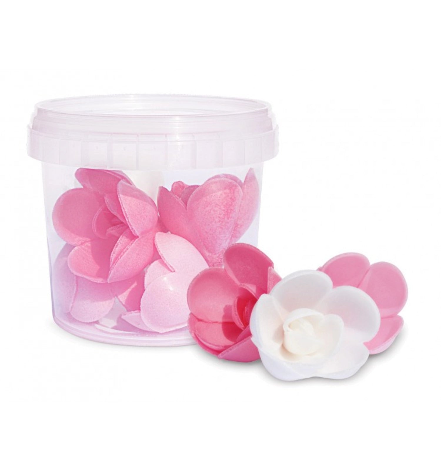 Sechs essbare Zuckerfiguren in Rosenform, perfekt für die Dekoration von Torten, Cupcakes und anderen süßen Leckereien.