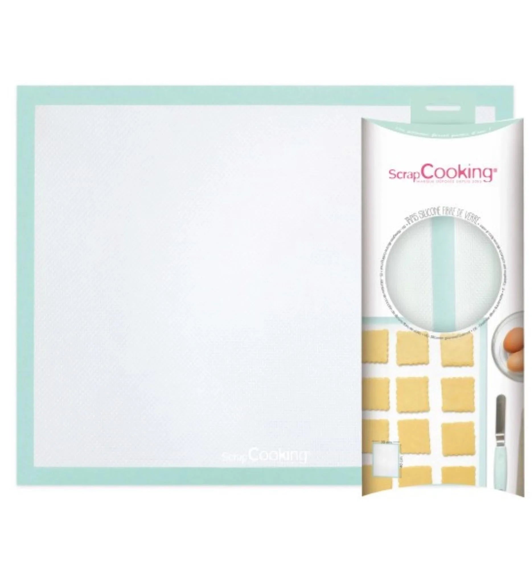 Die 30x40cm Glasfaser-Silikon-Backmatte von Scrap Cooking: hitzebeständig, antihaftend, lebensmittelecht, umweltfreundlich und spülmaschinenfest.