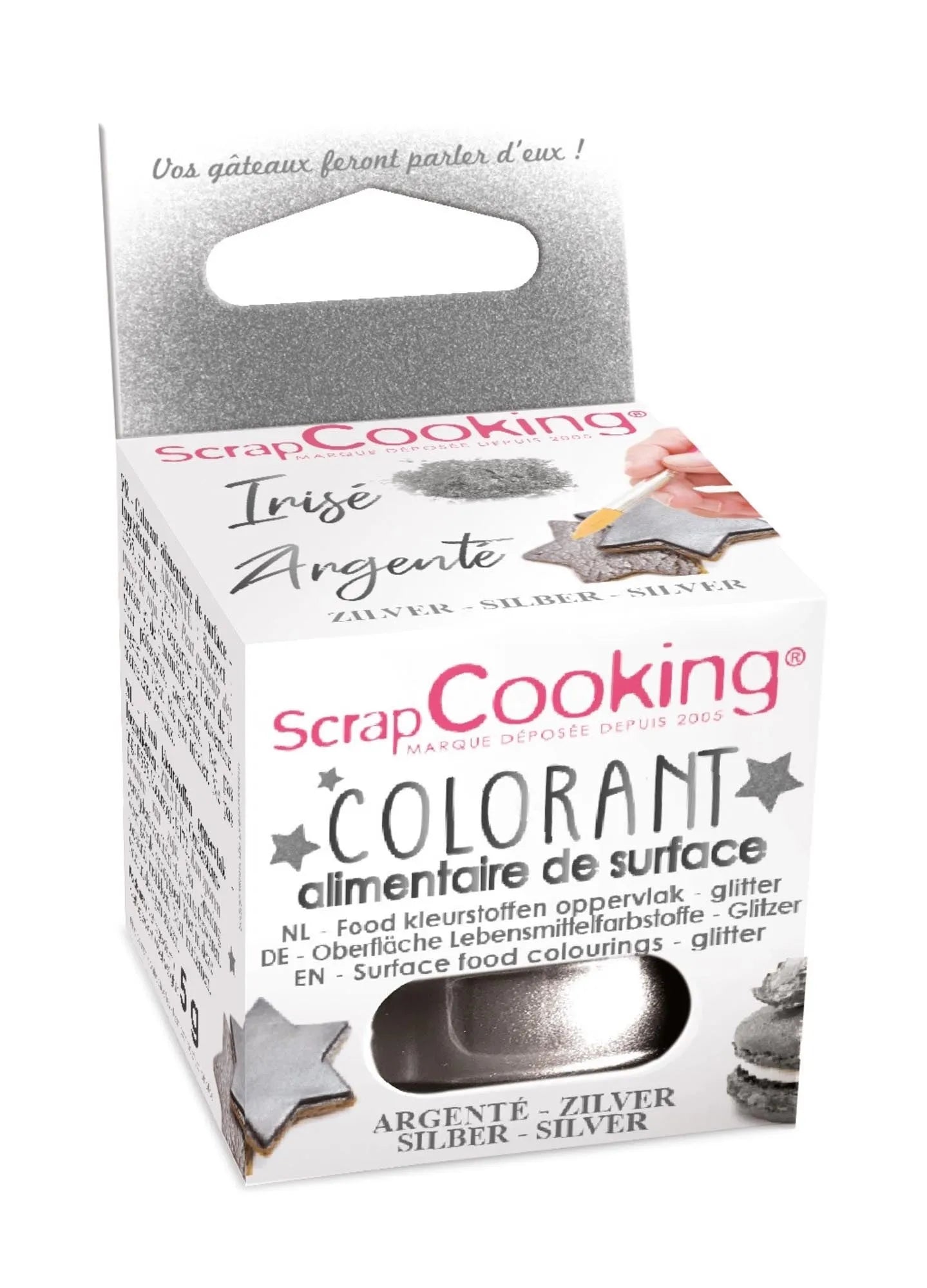 Veredeln Sie Ihre Backkunst mit dem silbernen Glitzerpuder von Scrap Cooking – für elegante, essbare Glanzmomente auf Kuchen und Cupcakes.
