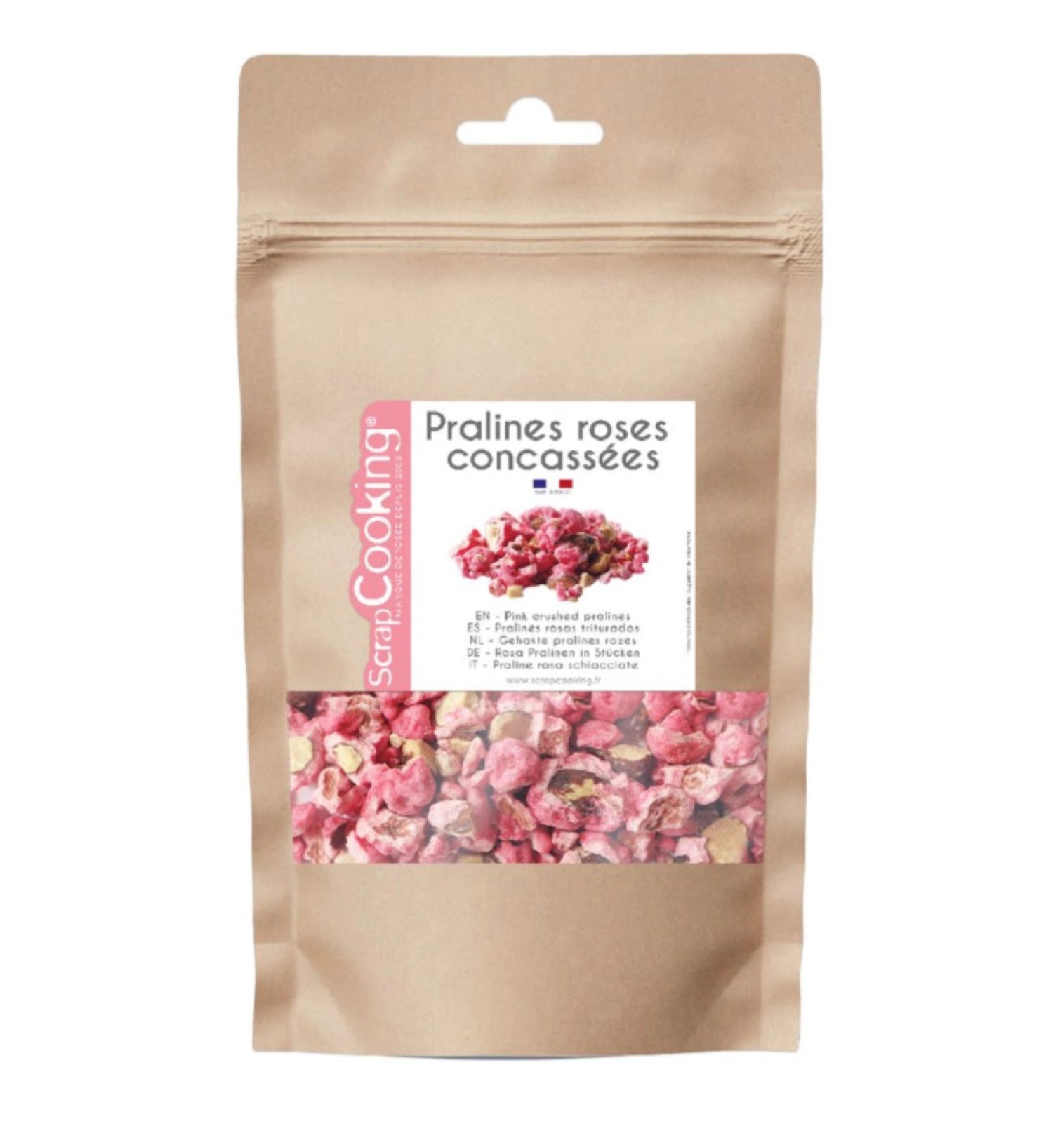 Verleihen Sie Ihren Backkreationen mit den zerkleinerten pinken Dekopralinen von Scrap Cooking eine fröhliche Note und köstlichen Geschmack! Ideal für Torten und Desserts.