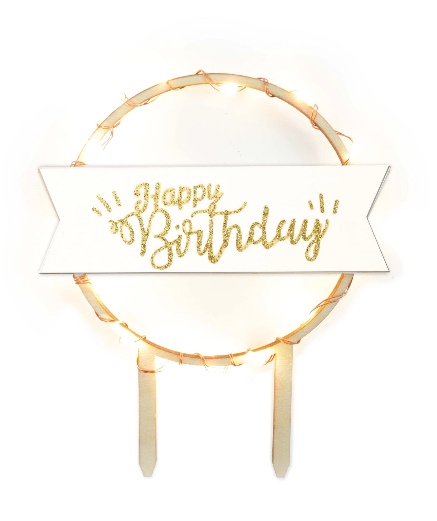 LED Cake Topper "Happy Birthday" aus Holz, 15x20cm, von Scrap Cooking. Perfekt für Geburtstagsfeiern, rustikales Design, energiesparend.