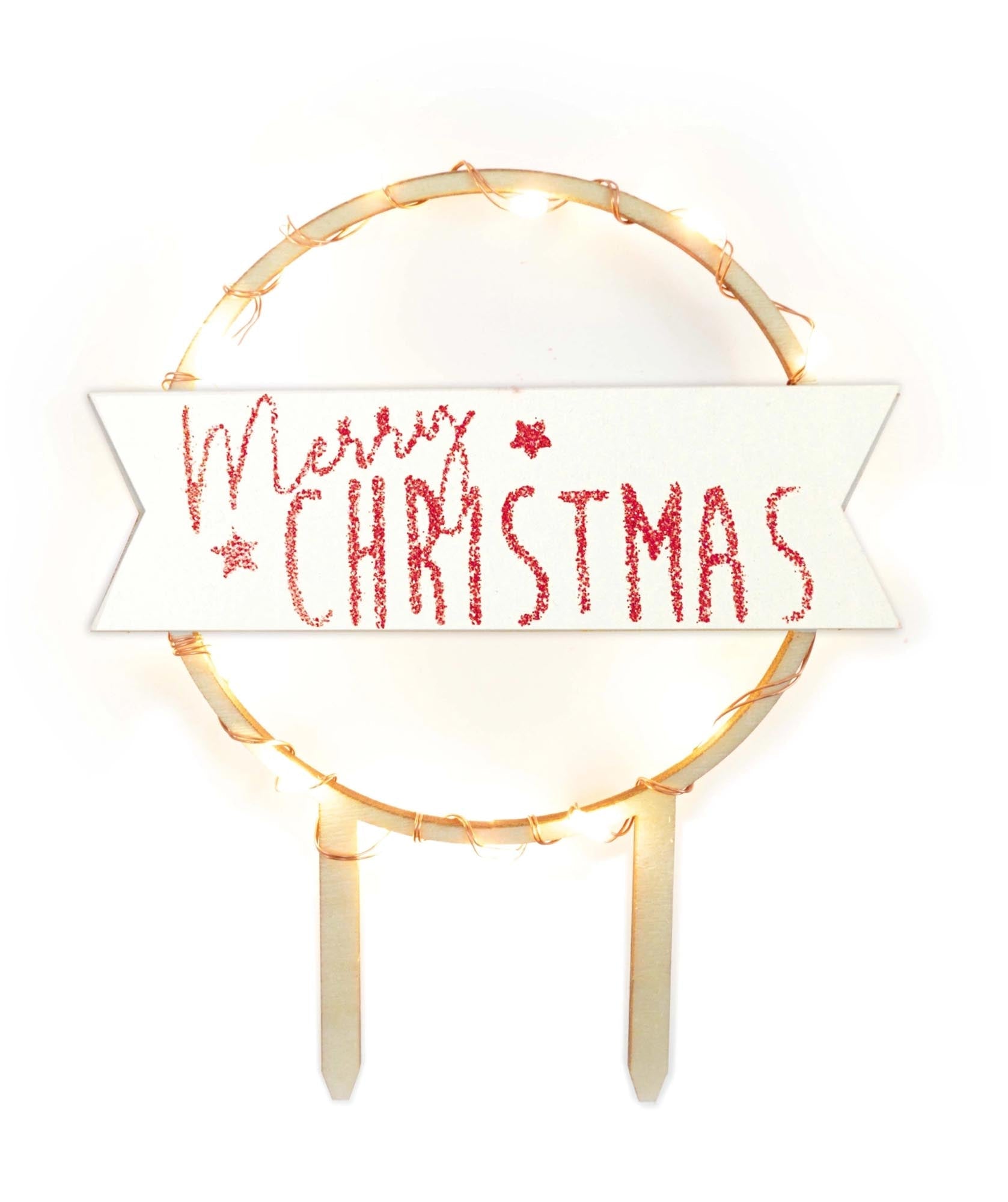 LED Cake Topper "Merry Christmas" aus Holz, nachhaltig, stimmungsvoll, einfach zu handhaben, wiederverwendbar.