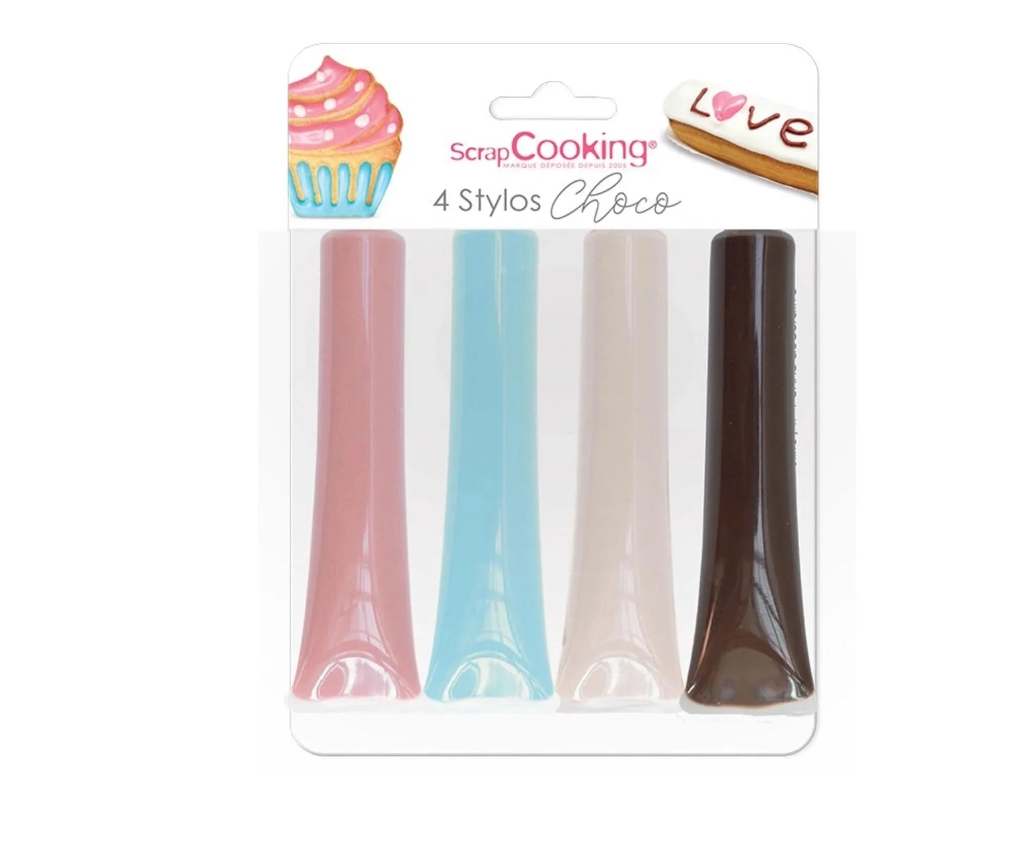 4er Set Dekostift von Scrap Cooking: Weiß, Rosa, Blau, Schoko. Perfekt für kreative Tortendeko. Essbare Paste, präzise Anwendung.