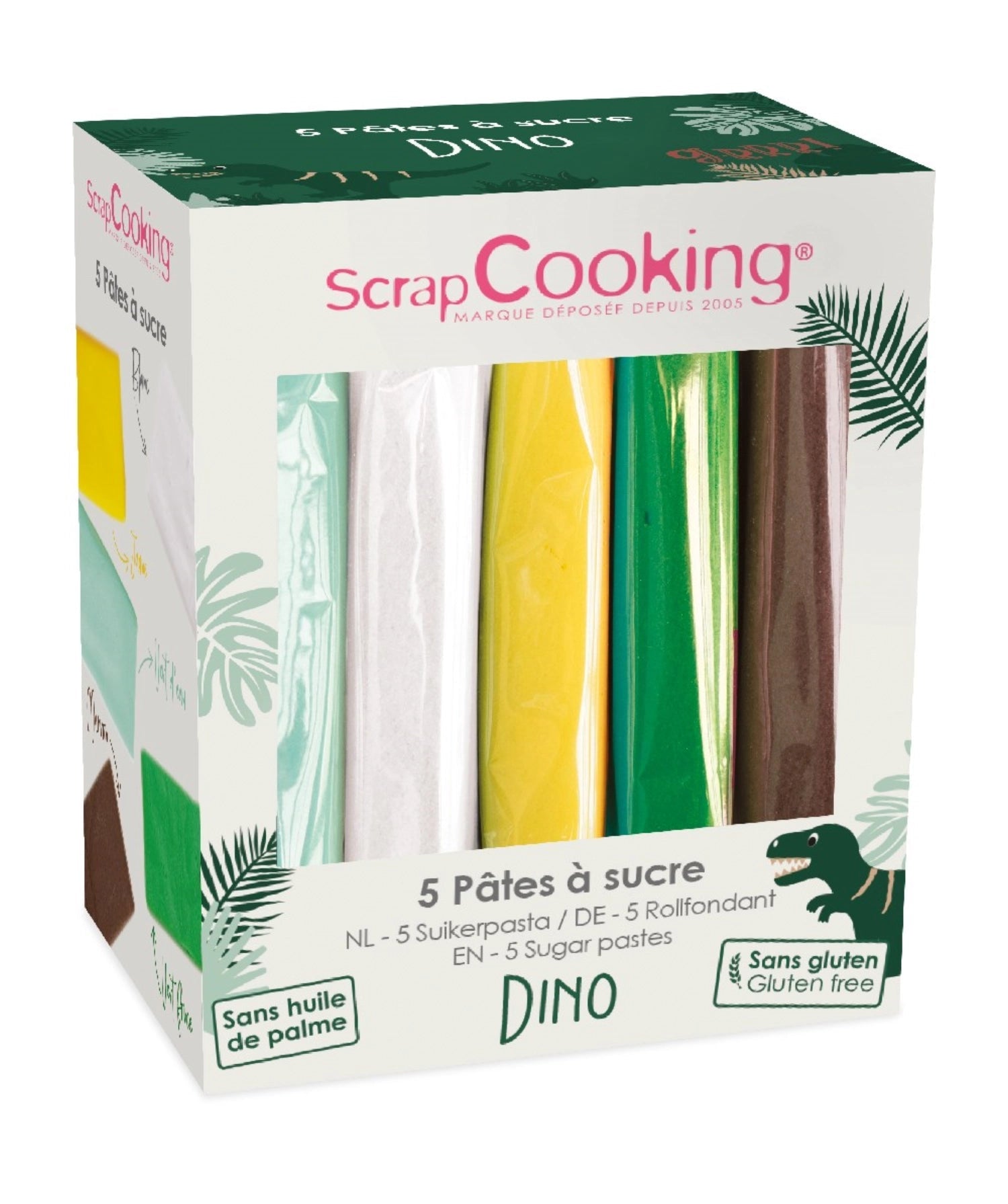 5er Set Zuckerpasten von Scrap Cooking: Perfekt für kreative Tortendekorationen in Grün, Weiss, Gelb, Dunkelgrün und Braun.