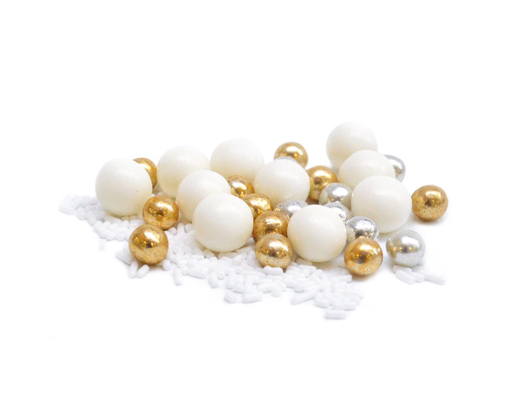 Elegante Deko Zucker Mix Perlen in Gold, Silber und Weiss von Scrap Cooking.