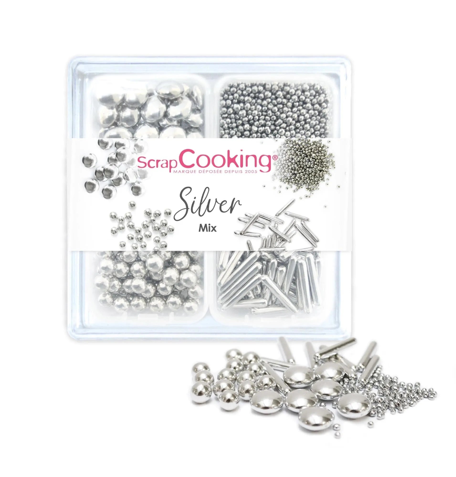 Elegante, essbare Zuckerdekore in Silber für kreative Backkunst. Perfekt für festliche Anlässe und luxuriöse Desserts.