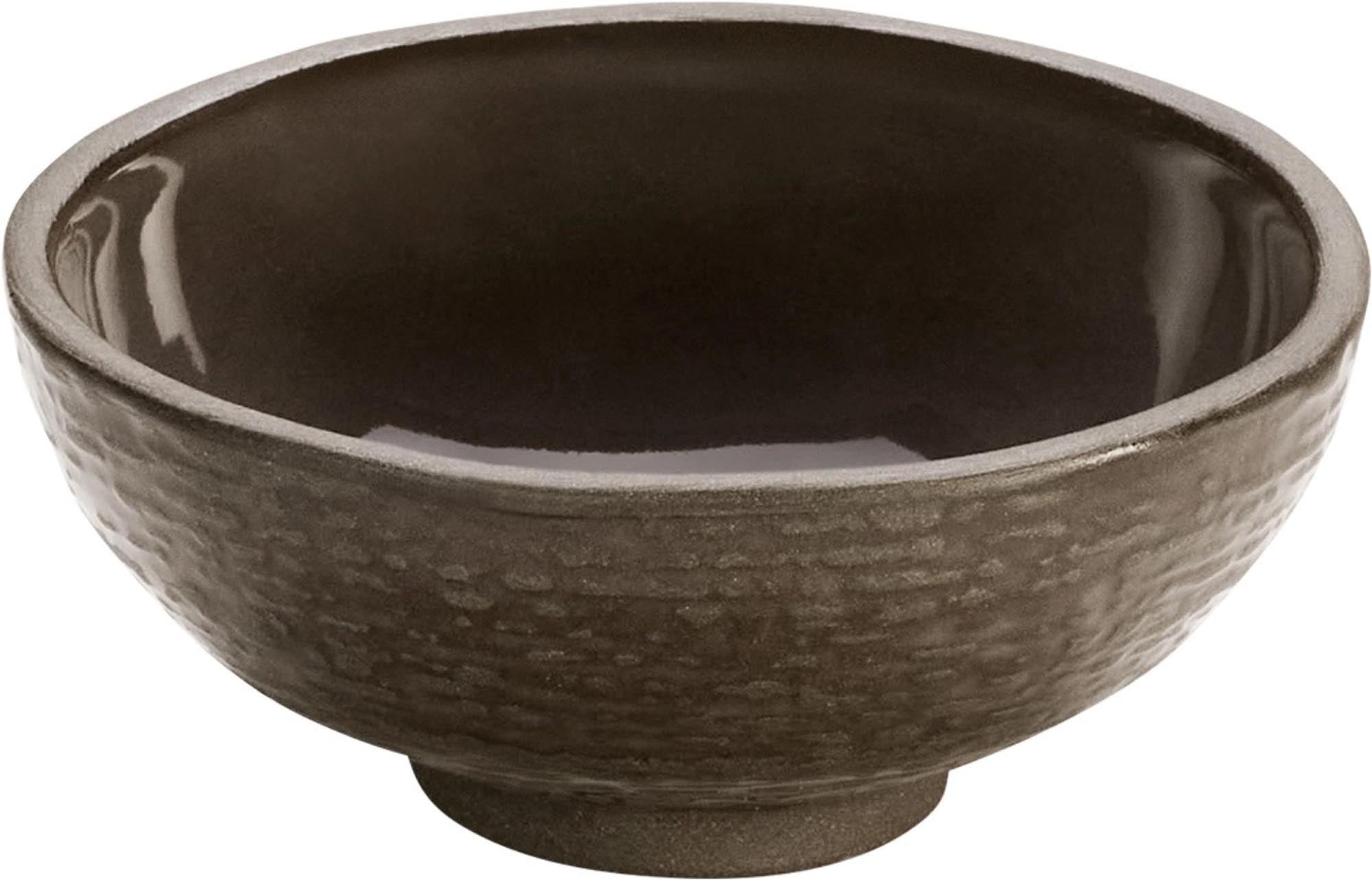 Elegante, robuste Steinzeug-Schüssel in Taupe mit Reliefdesign, ideal für stilvolle Präsentationen. Spülmaschinen- und mikrowellengeeignet.