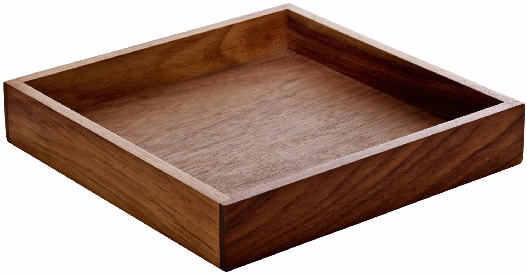 Elegantes Tablett aus Nussbaumholz, 18x18cm, ideal für Snacks und Deko. Stilvoll, funktional, pflegeleicht. Perfekt für jeden Anlass.