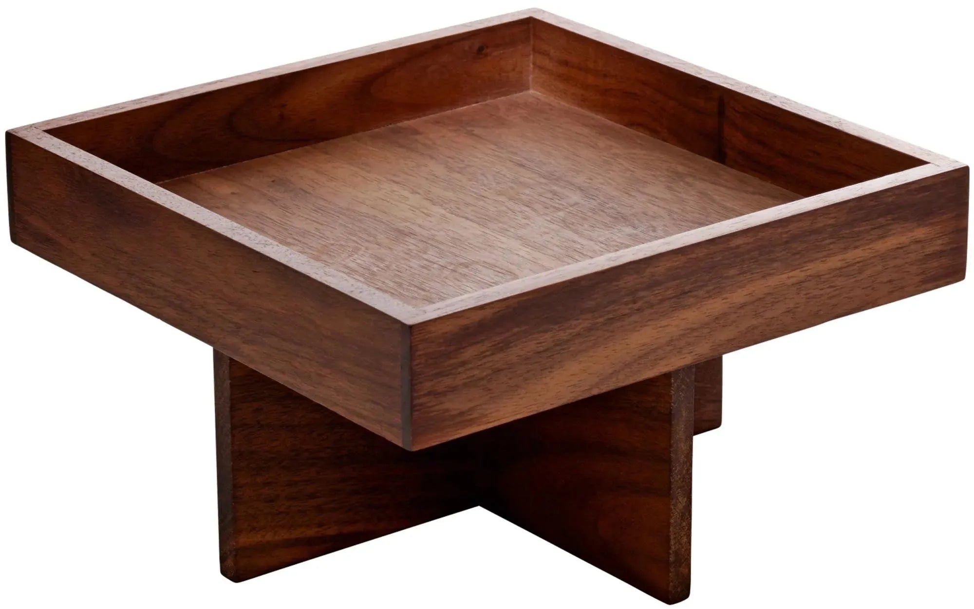 Elegantes Nussbaum-Tablett 18x18cm auf 8cm Fuß, ideal für Gewürze & Öle. Stilvoll, robust, pflegeleicht – ein Must-Have von Schönwald.