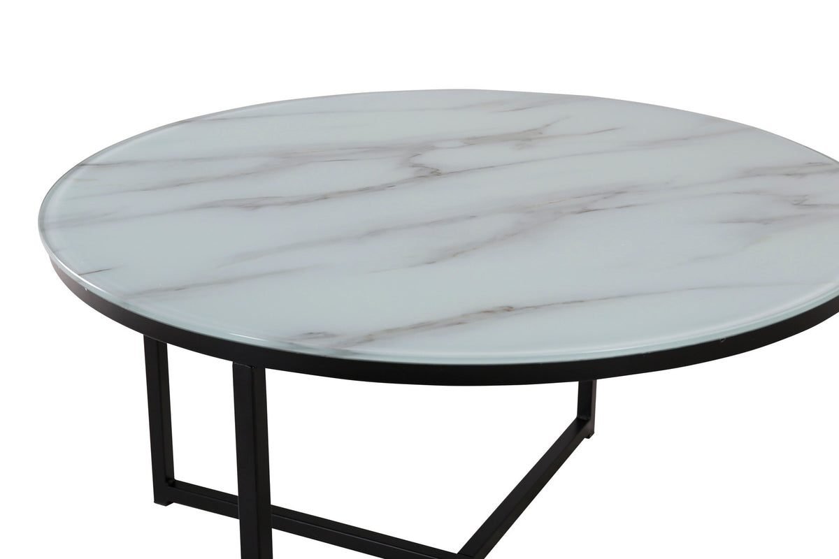 Runder Sofatisch Rock von Venture Home in Weiss, Tischplatte aus Glas mit Durchmesser 80 cm, Gestell aus schwarzem Stahl, freigestellt fotografiert.