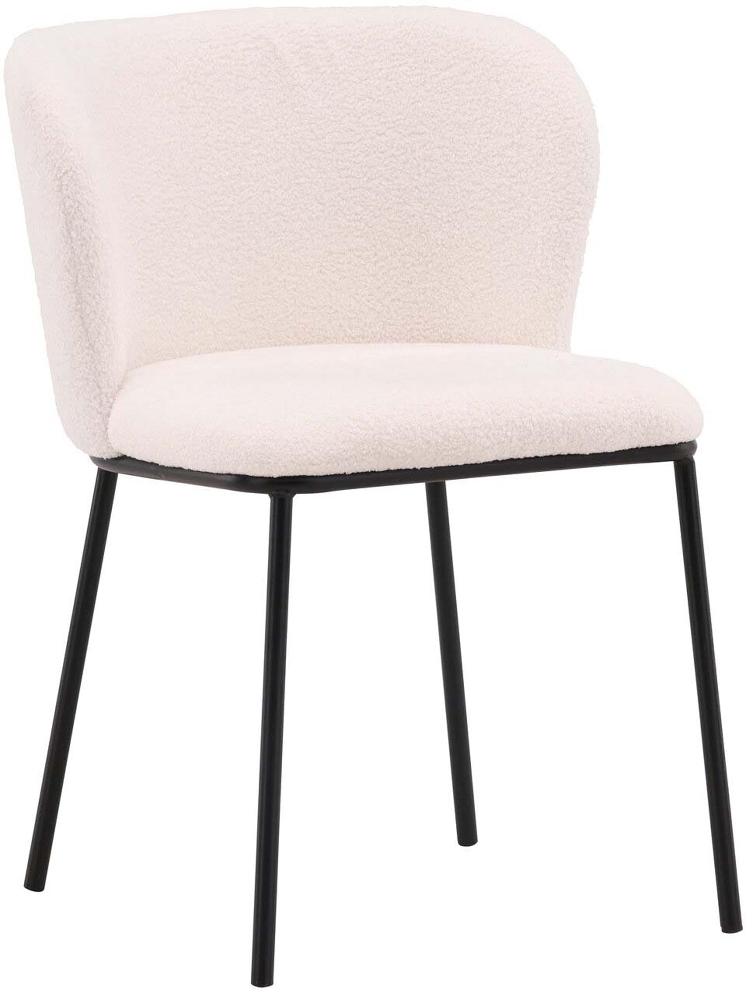 Moderner Edina Stuhl: Weißer Boulene-Stoff, schwarze Stahlbeine, ideal für Esszimmer & Wohnbereich, langlebig & stilvoll.