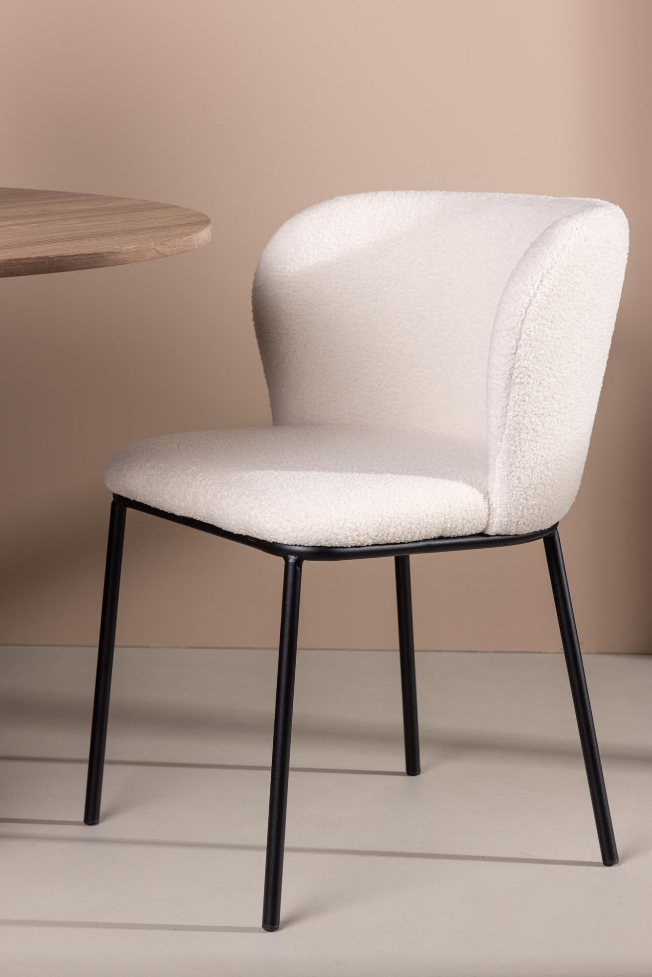 Moderner Edina Stuhl: Weißer Boulene-Stoff, schwarze Stahlbeine, ideal für Esszimmer & Wohnbereich, langlebig & stilvoll.