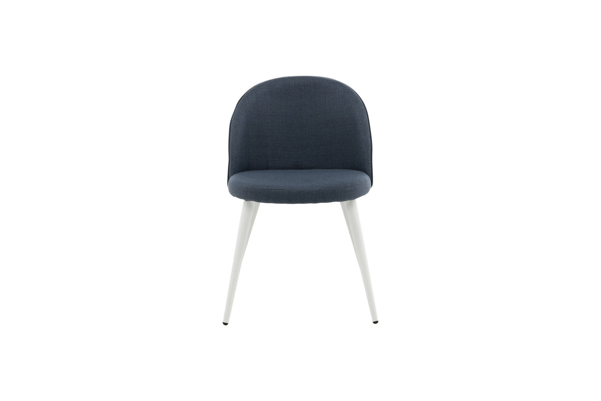 Velvet Stuhl von Venture Home mit blauem Polyesterbezug, weiss pulverbeschichtetem Stahlgestell und gepolsterter Sitzfläche aus Formsperrholz und Schaumstoff.
