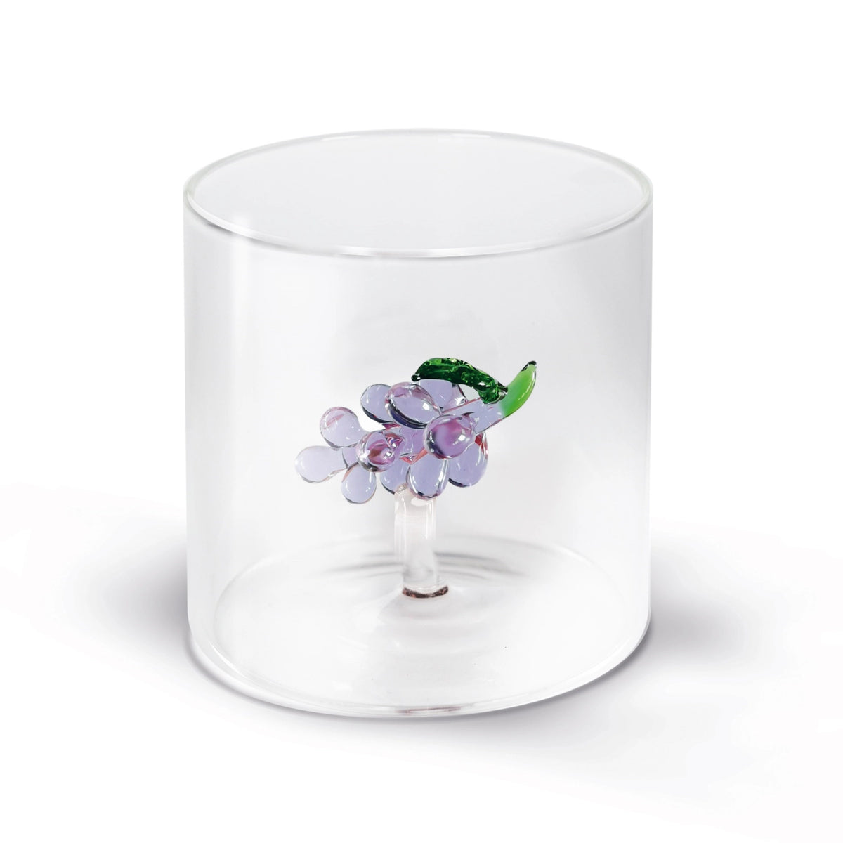 Transparentes Trinkglas aus Borosilikatglas mit Weintrauben-Motiv, rund, Durchmesser 8 cm, Höhe 8 cm, Hersteller Easy Life.