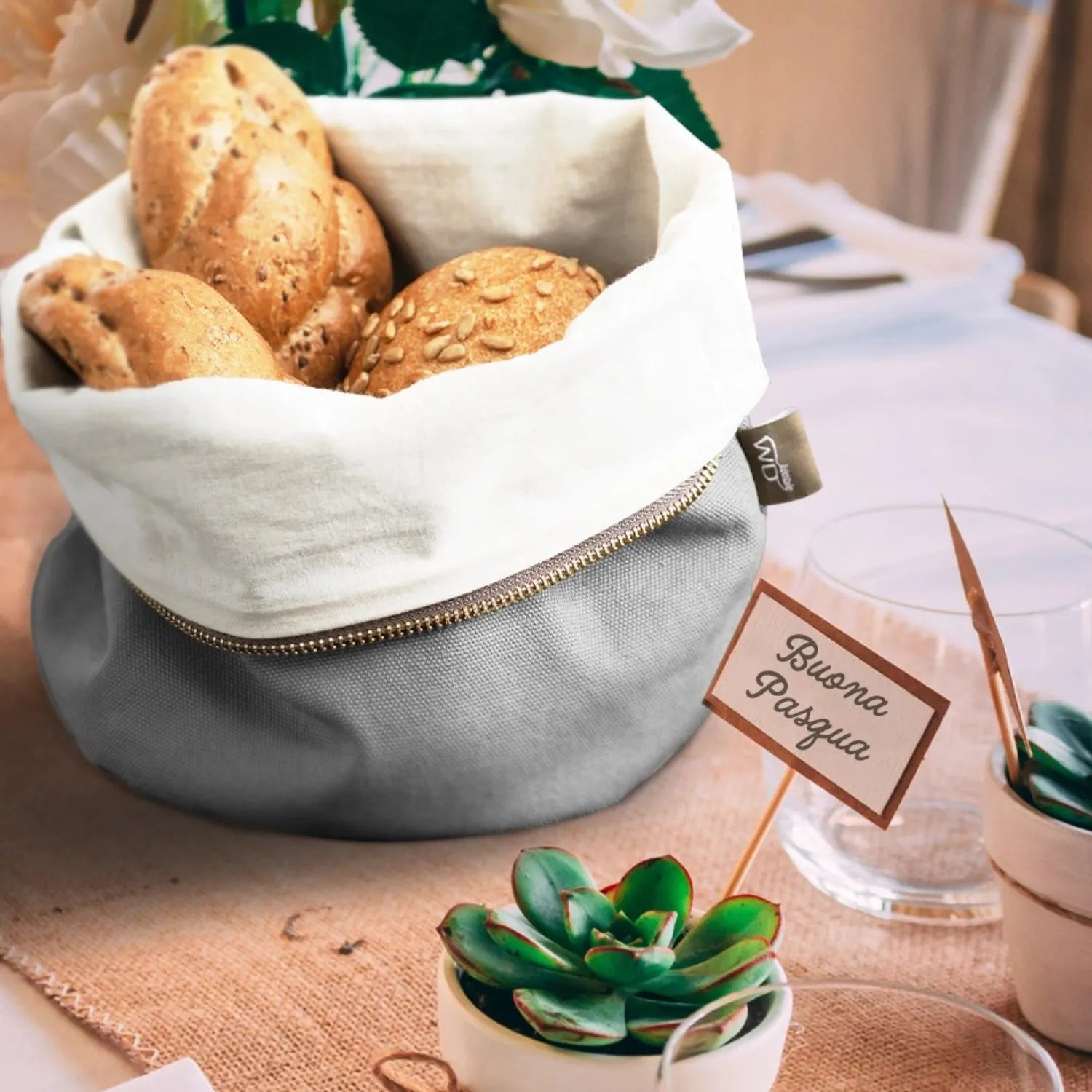Praktische graue Brottasche aus Baumwolle, 20 cm, beheizbar, ideal für frisches Brot, von Easy Life.