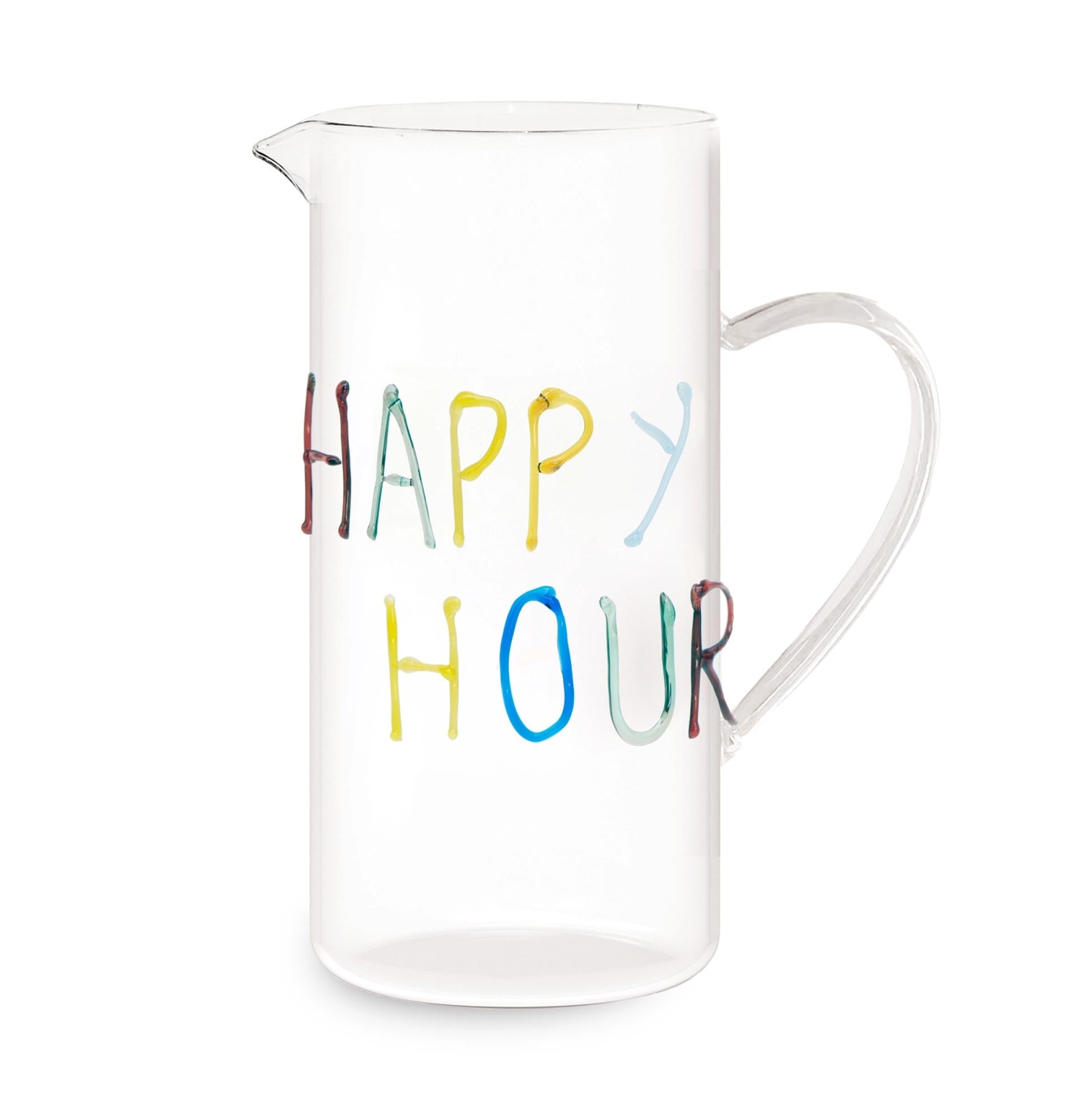 Jug en verre borosilicate happy hour, fait à la main, 1,2 lt.
