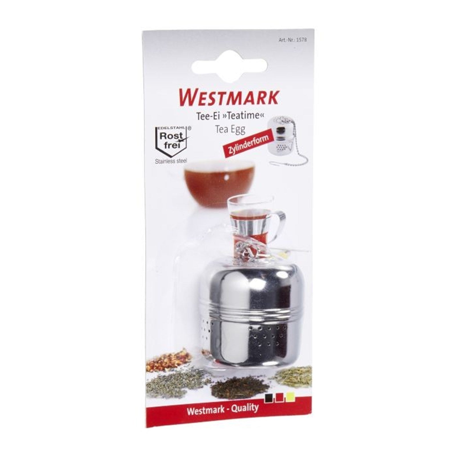 Hochwertiges zylindrisches Tee-Ei aus Edelstahl von Westmark, ideal für losen Tee, robust und leicht zu reinigen.