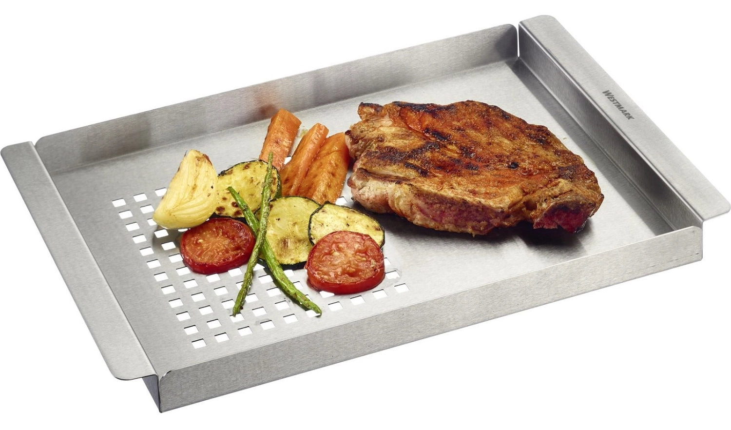 Vielseitige 2-in-1 Grillschale aus robustem Edelstahl von Westmark, ideal für das Zubereiten von Grillgerichten und Gemüse.