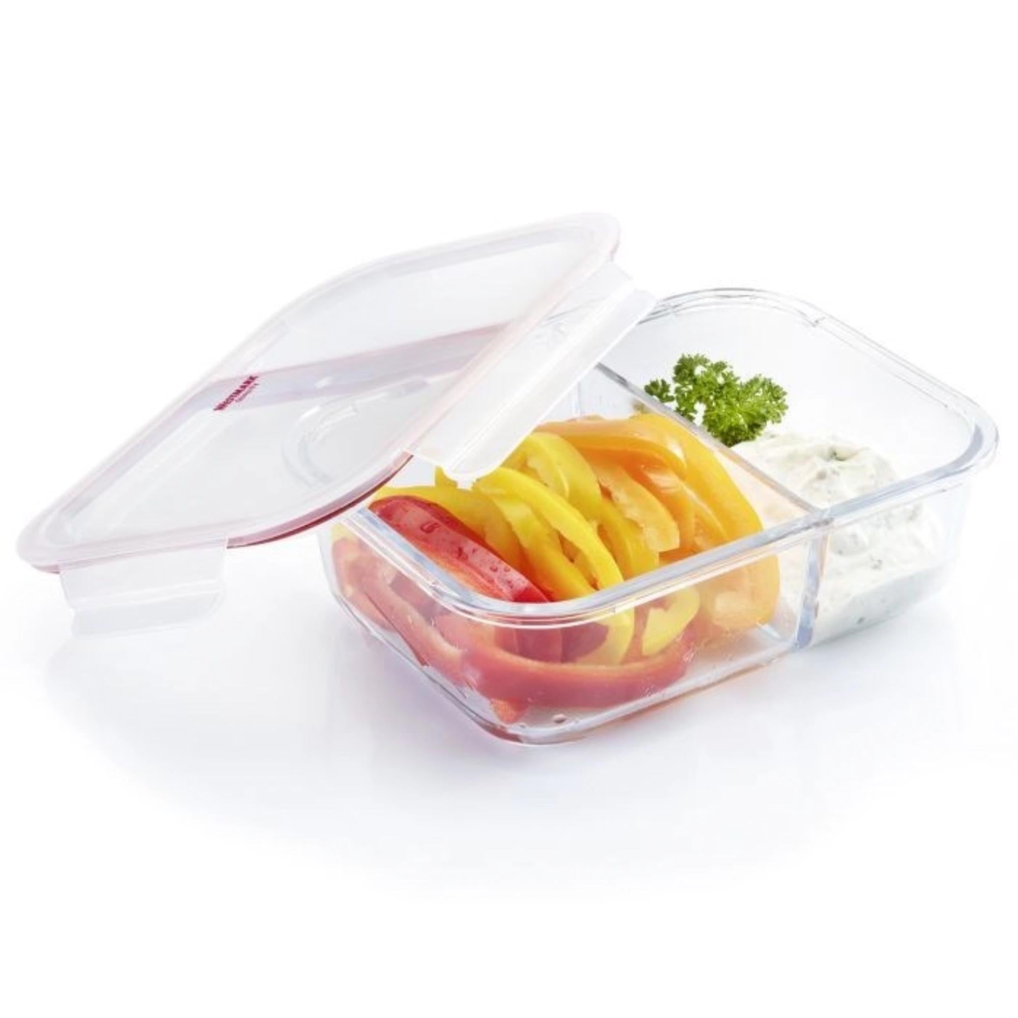 Praktische Glas-Frischhaltedose mit 2 Fächern, 1380ml, perfekt für die Aufbewahrung von Lebensmitteln, robust und vielseitig einsetzbar.