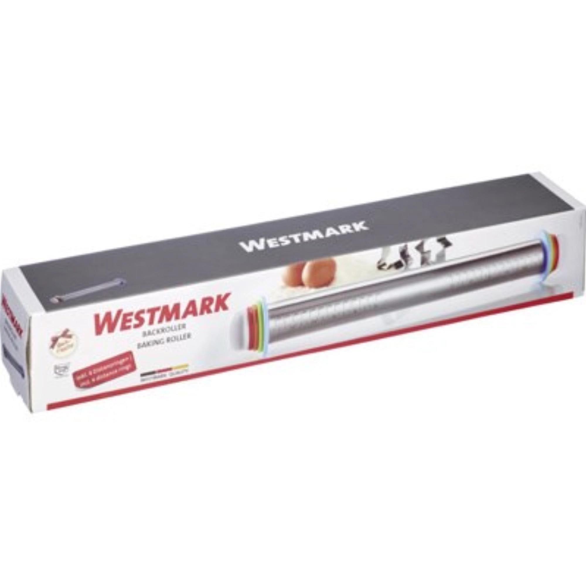 Teigroller von Westmark, 43,5 cm, mit 4 Distanzringen für gleichmäßiges Ausrollen, ideal für Backen und präzise Teigverarbeitung.
