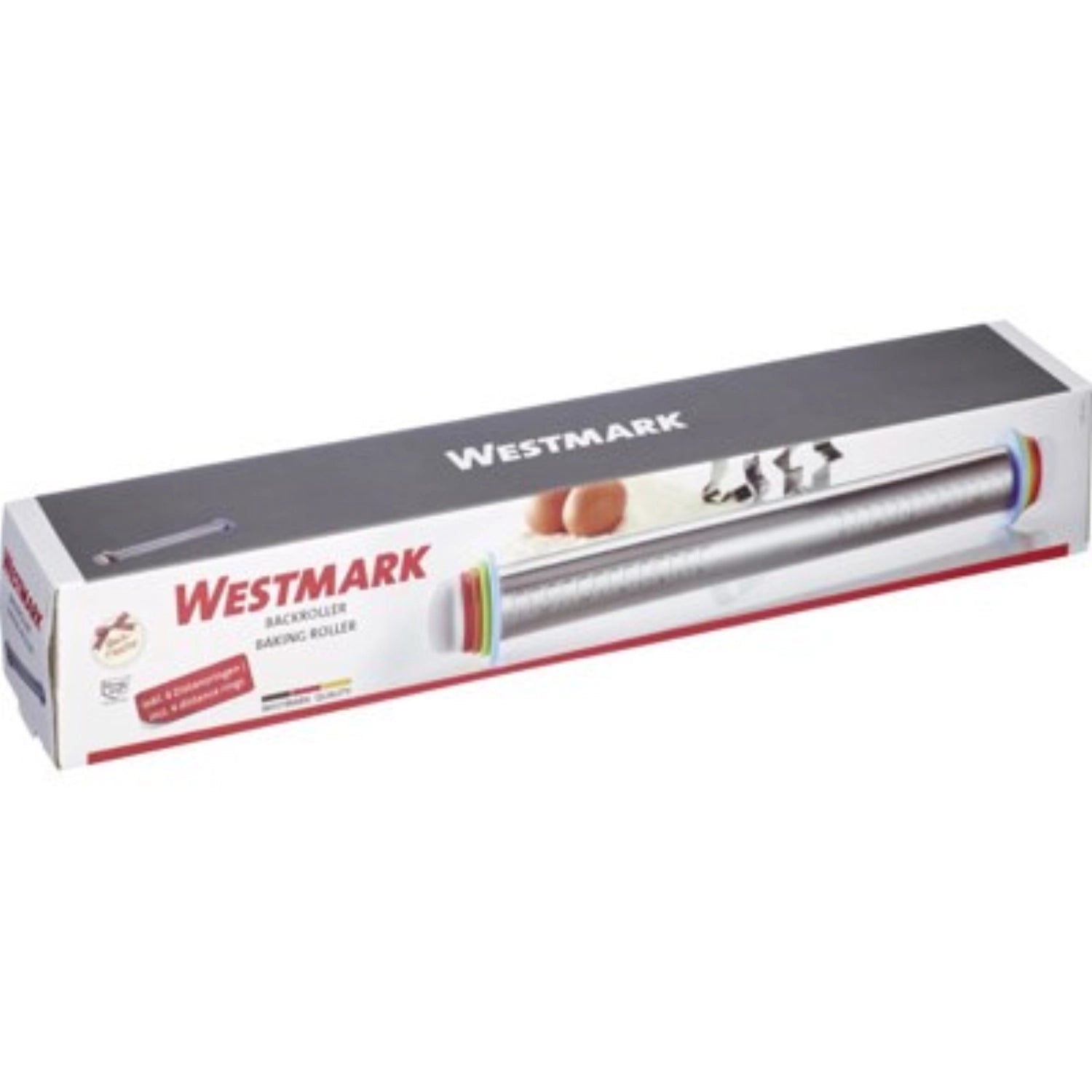 Praktischer Teigroller von Westmark mit 4 Distanzringen, 43,5 cm lang, perfekt für präzises Ausrollen von Teig für Kuchen und Plätzchen.
