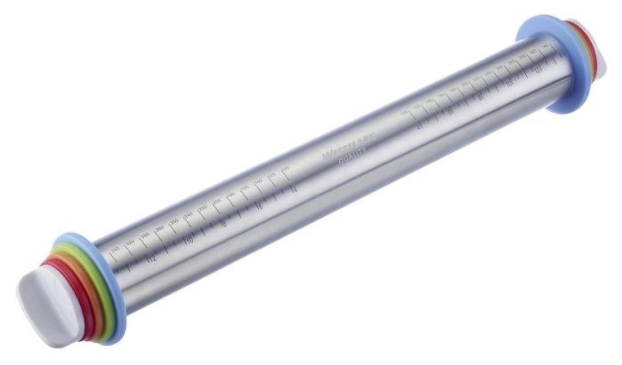 Teigroller mit 4 Distanzringen, 43.5cm in Silber präsentiert im Onlineshop von KAQTU Design AG. Backutensilien ist von Westmark