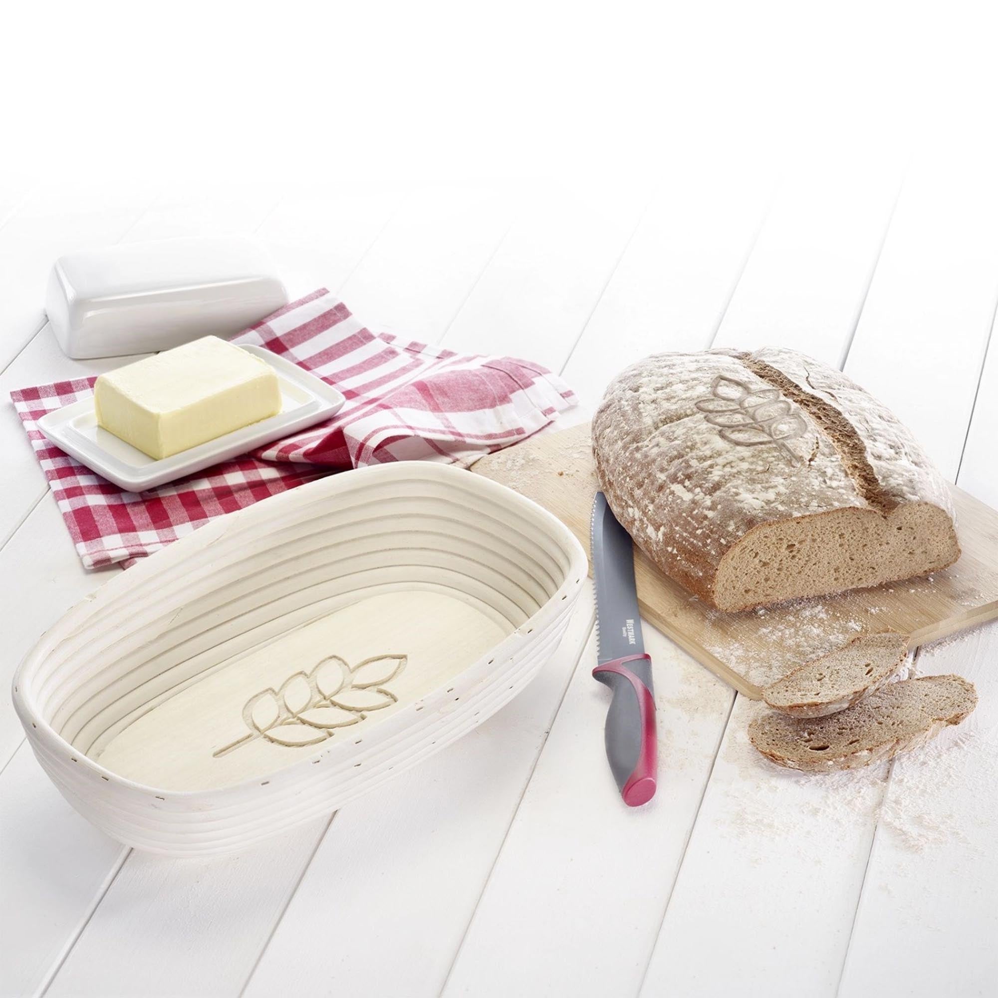 Ovales Gärkörbchen mit Stoffbezug und Ährenmuster, ideal für Brot, Maße: 34x20.5x8cm, von Westmark.