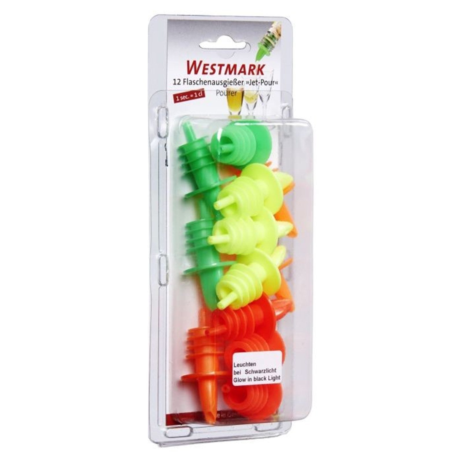 12 bunte Ausgießer von Westmark, ideal für präzises Dosieren von Flüssigkeiten in Küche und Bar. Praktisch und vielseitig einsetzbar.