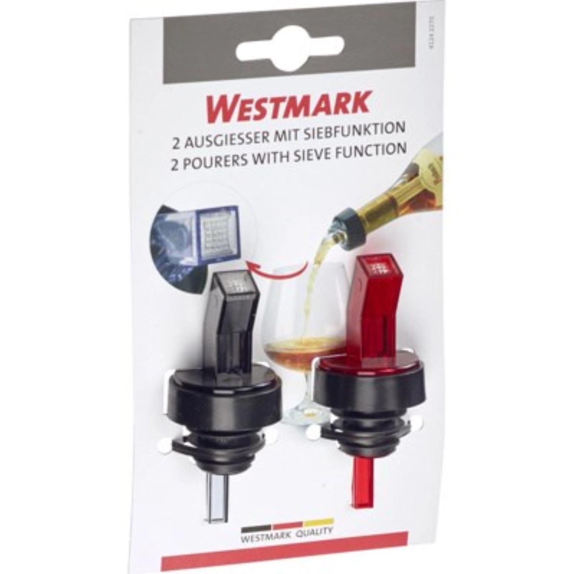 Praktische 8 cm Ausgießer von Westmark mit integriertem Sieb, perfekt zum genauen Ausgießen und Filtern von Flüssigkeiten.