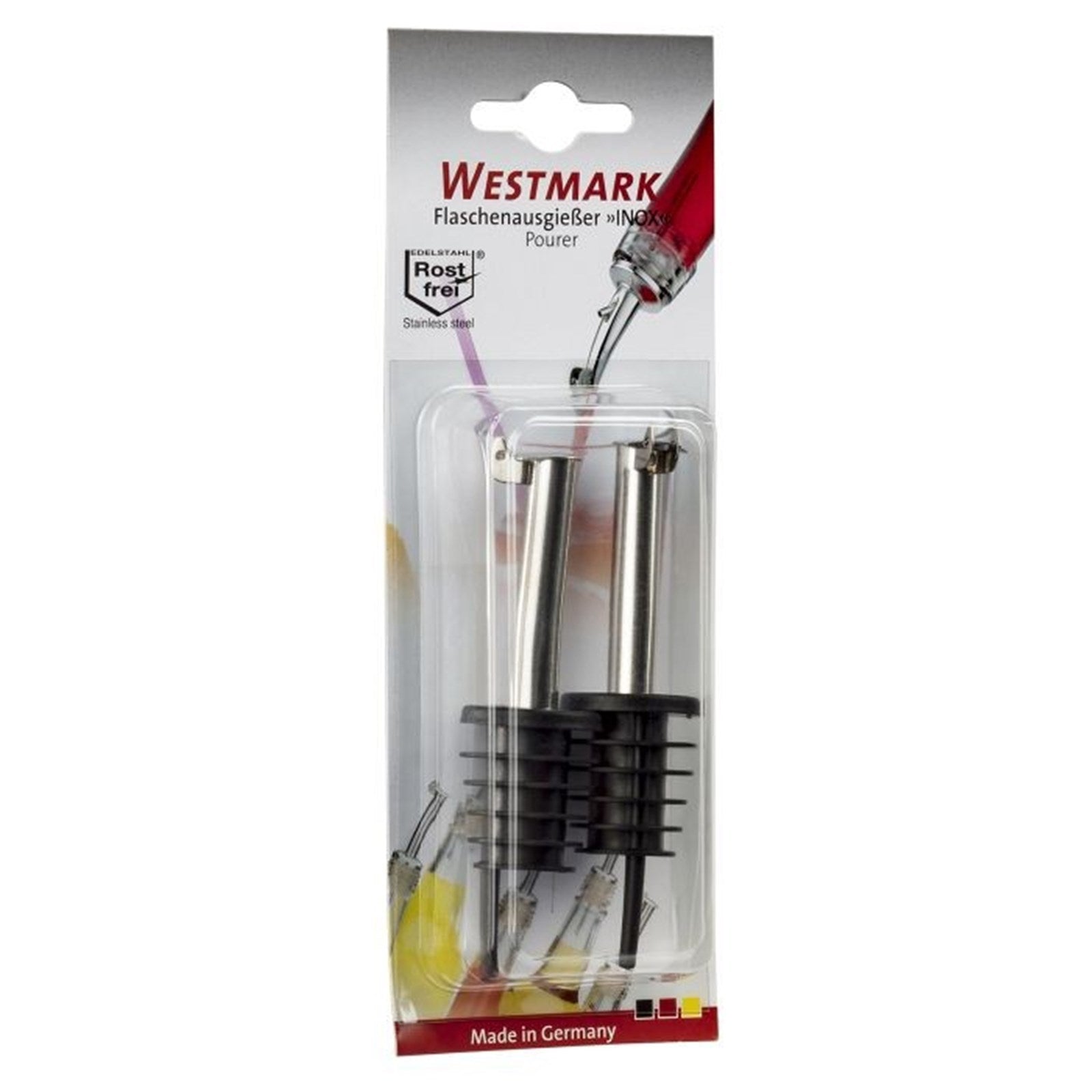 Set mit 2 Edelstahl-Ausgießern, PE-Korken und Metallkläppchen, perfekt für präzises Ausgießen, langlebig und praktisch von Westmark.