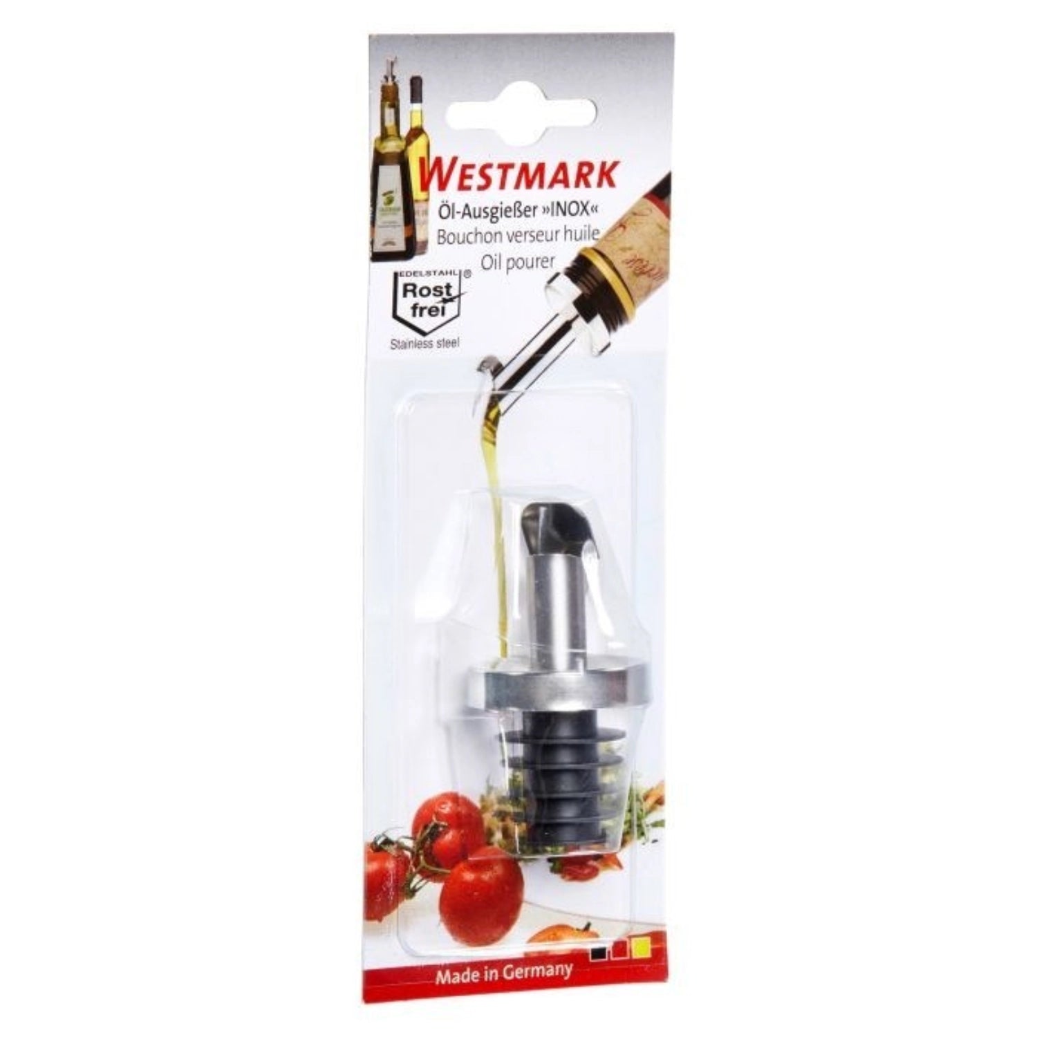 Eleganter Ausgiesser aus rostfreiem Edelstahl mit PE-Korken und praktischem Metallkläppchen, ideal für präzises Dosieren von Öl und Essig.