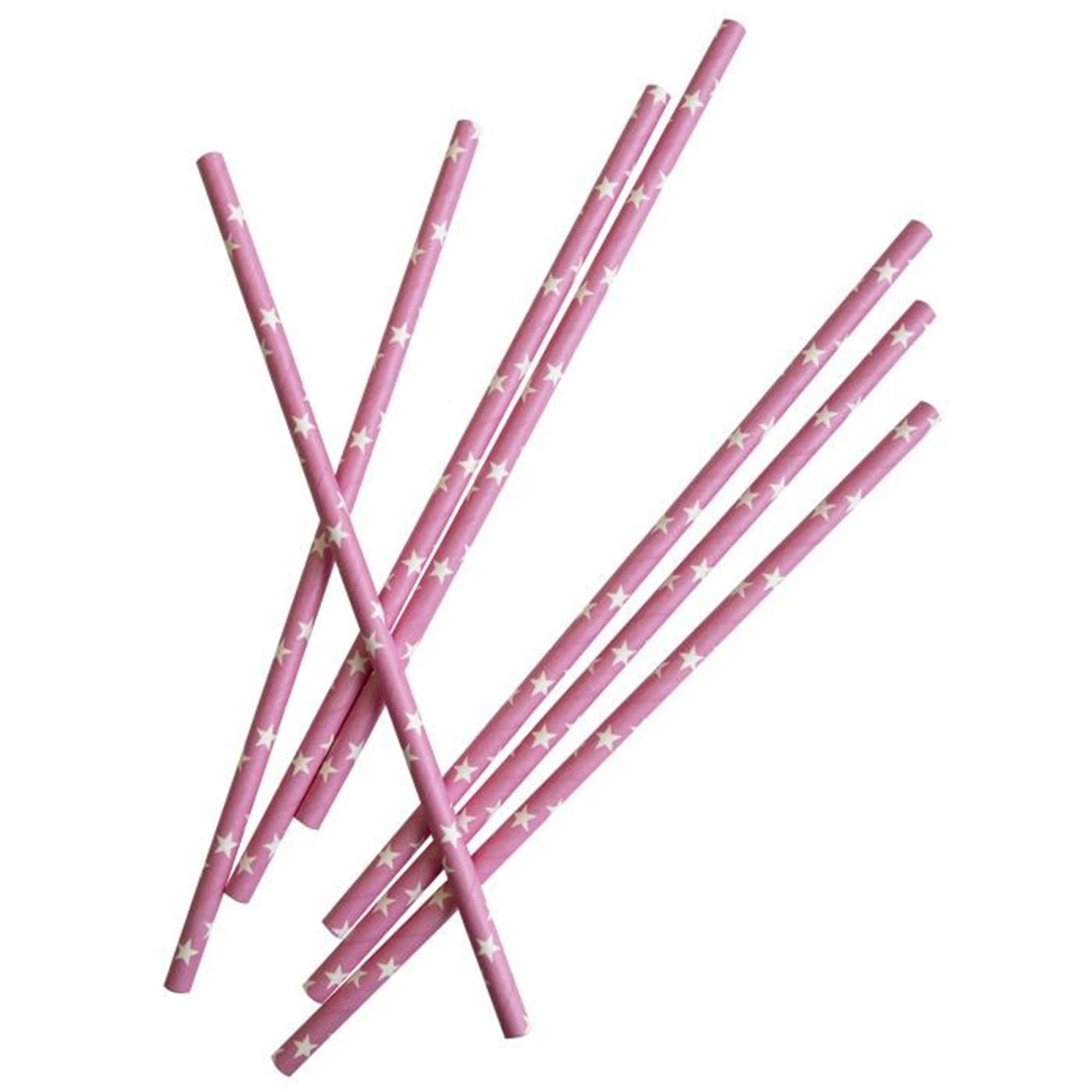 Rosa Papier-Trinkhalme mit weißen Sternen, 19,7 cm lang, umweltfreundlich und stilvoll, ideal für Partys und Feiern.