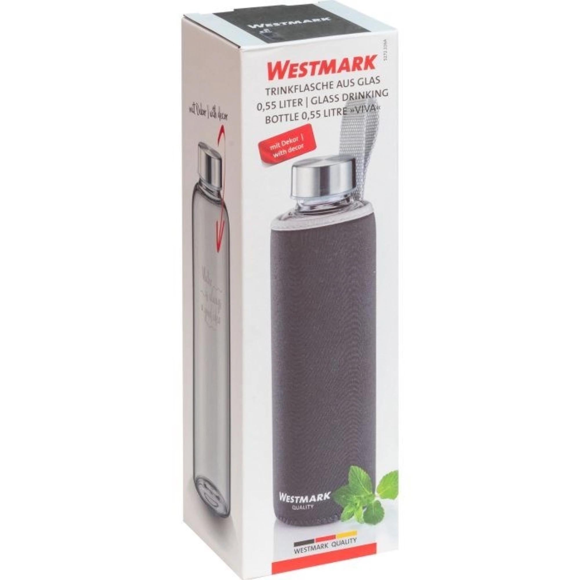 Stilvolle 0,55 l Glasflasche mit anthrazitfarbenem Schutzcover, ideal für unterwegs, robust und praktisch, von Westmark.