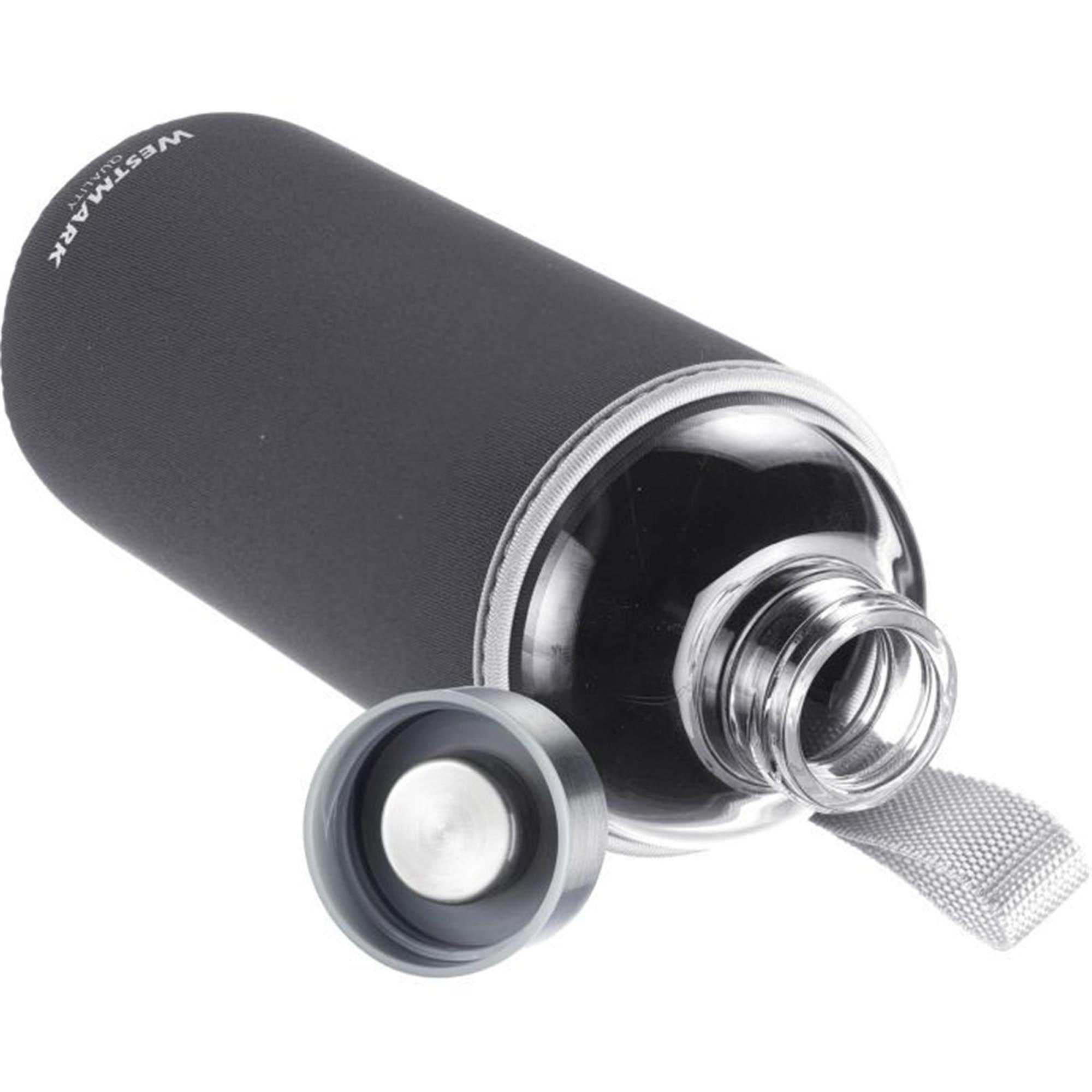 Glas-Trinkflasche 1L mit anthrazitfarbenem Cover, stilvoll und praktisch, ideal für unterwegs, von Westmark.