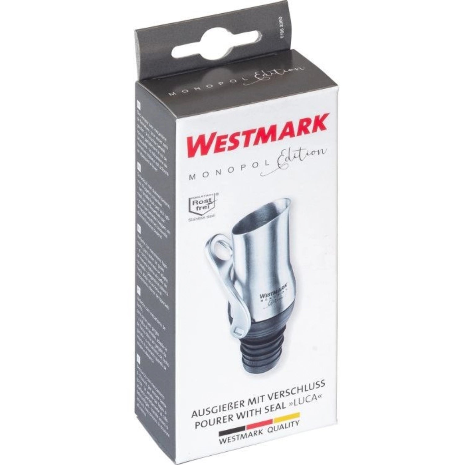 Eleganter Ausgiesser der Luca Monopol Edition von Westmark, gefertigt aus robustem Edelstahl, ideal für kontrolliertes Ausgießen mit praktischem Verschluss.