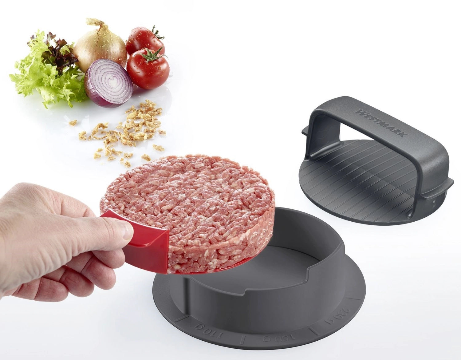 Hamburgermaker Vario Plus von Westmark, praktischer Küchenhelfer für perfekte Burger-Patties, robustes Design und einfache Handhabung.