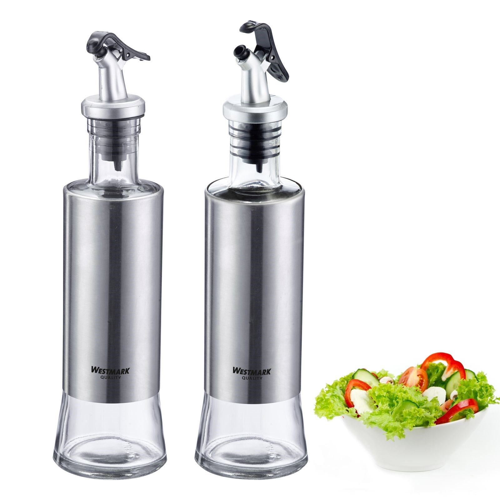Elegantes 2-teiliges Set Essig- und Öl-Spender von Westmark, ideal für stilvolles Servieren und präzises Dosieren am Esstisch.