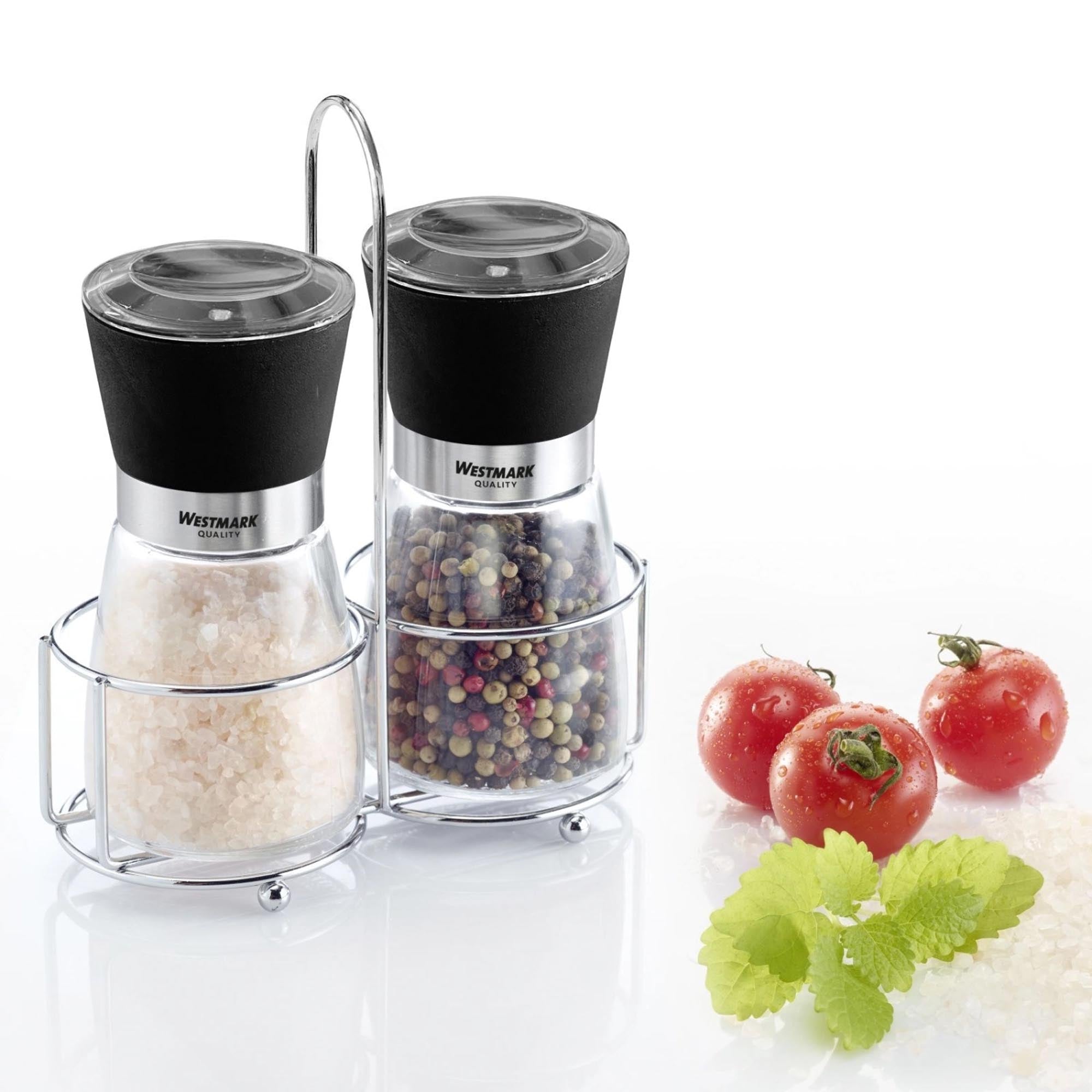 Modernes 2er-Set Gewürzmühlen von Westmark in Schwarz, perfekt für Salz und Pfeffer, stilvolles Design, praktisch und elegant.